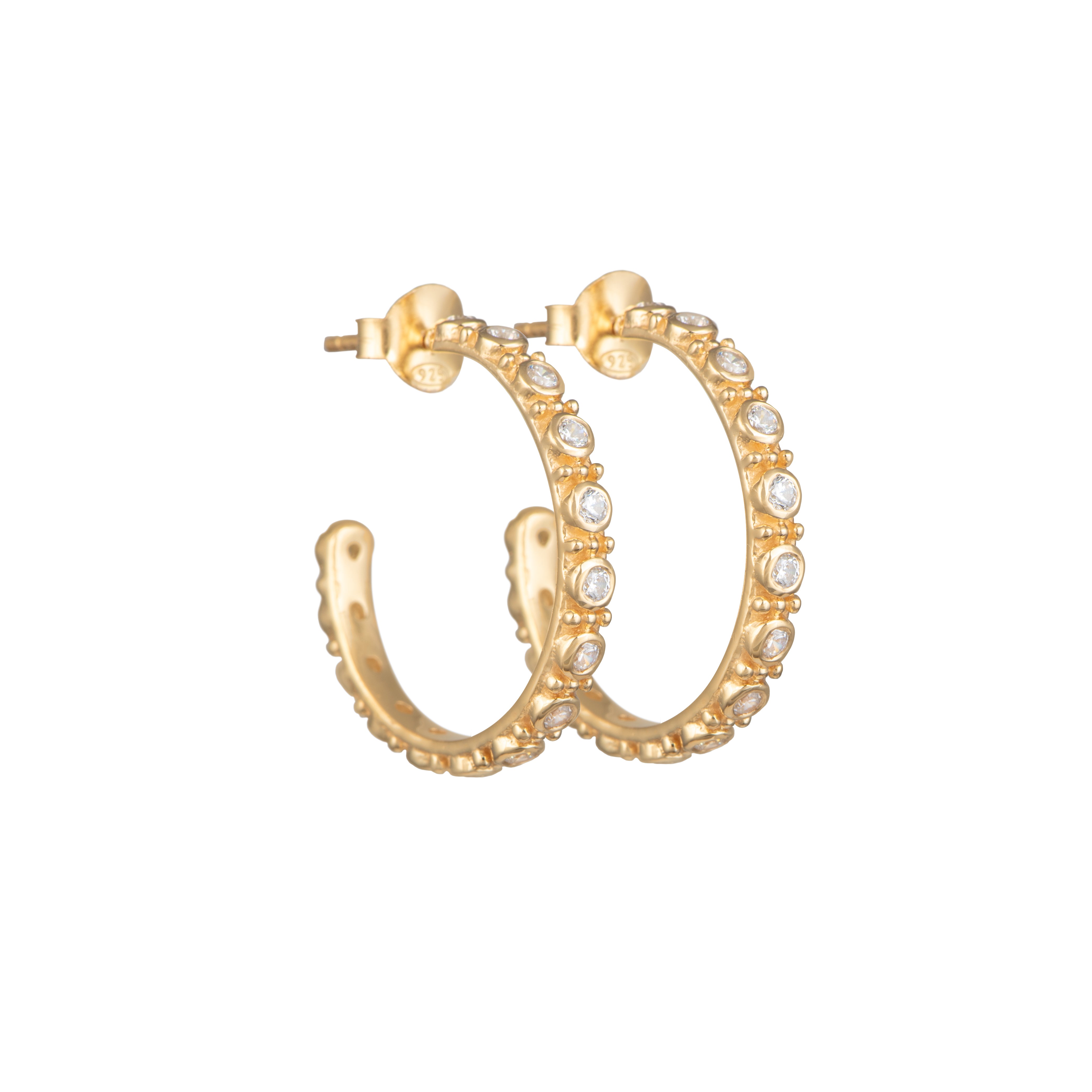 Gold Plated Sterling Silver Cubic Zirconia Studded Large Hoops - ERD067-CZ-G - Milina London
