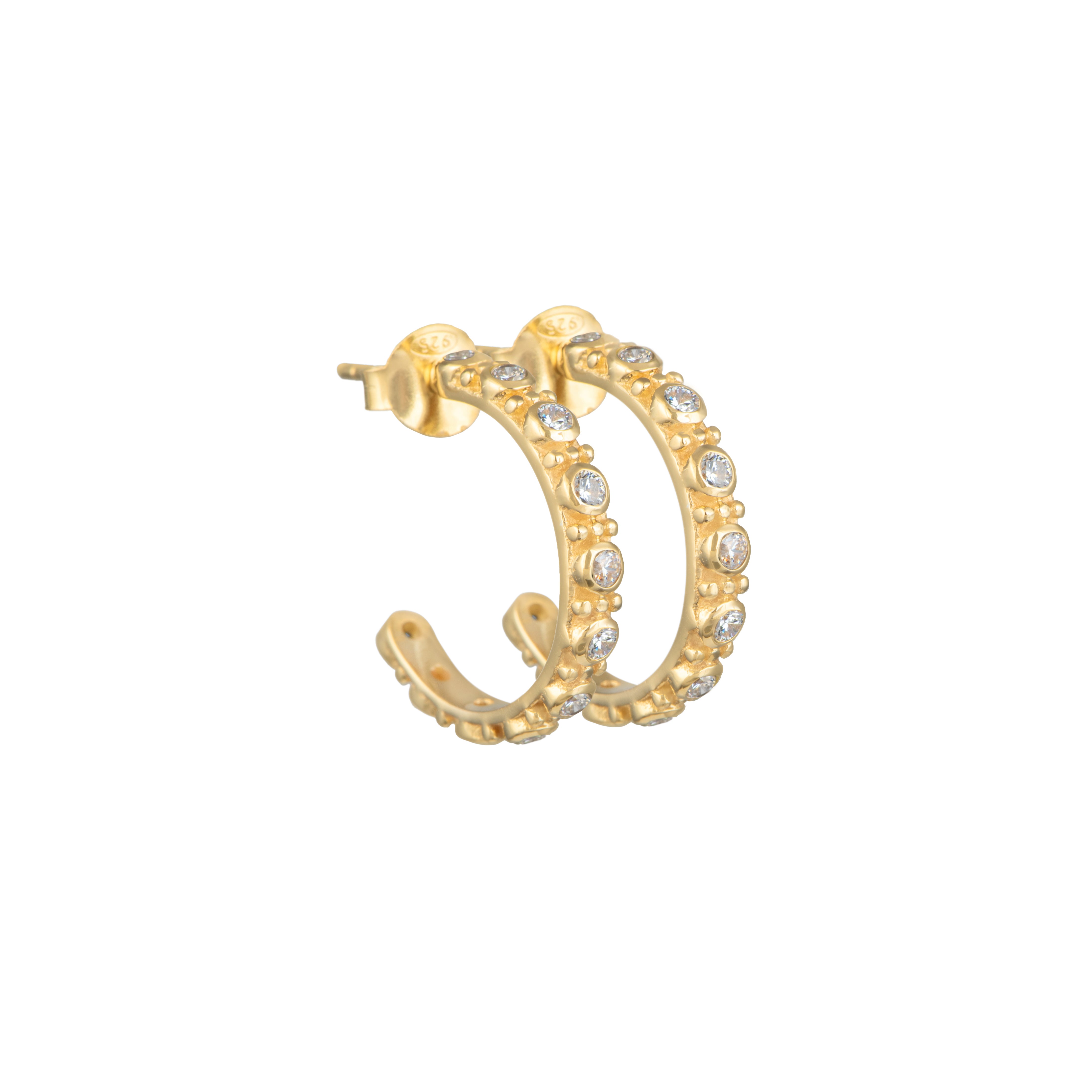 Gold Plated Sterling Silver Cubic Zirconia Studded Medium Hoops - ERD066-CZ-G - Milina London