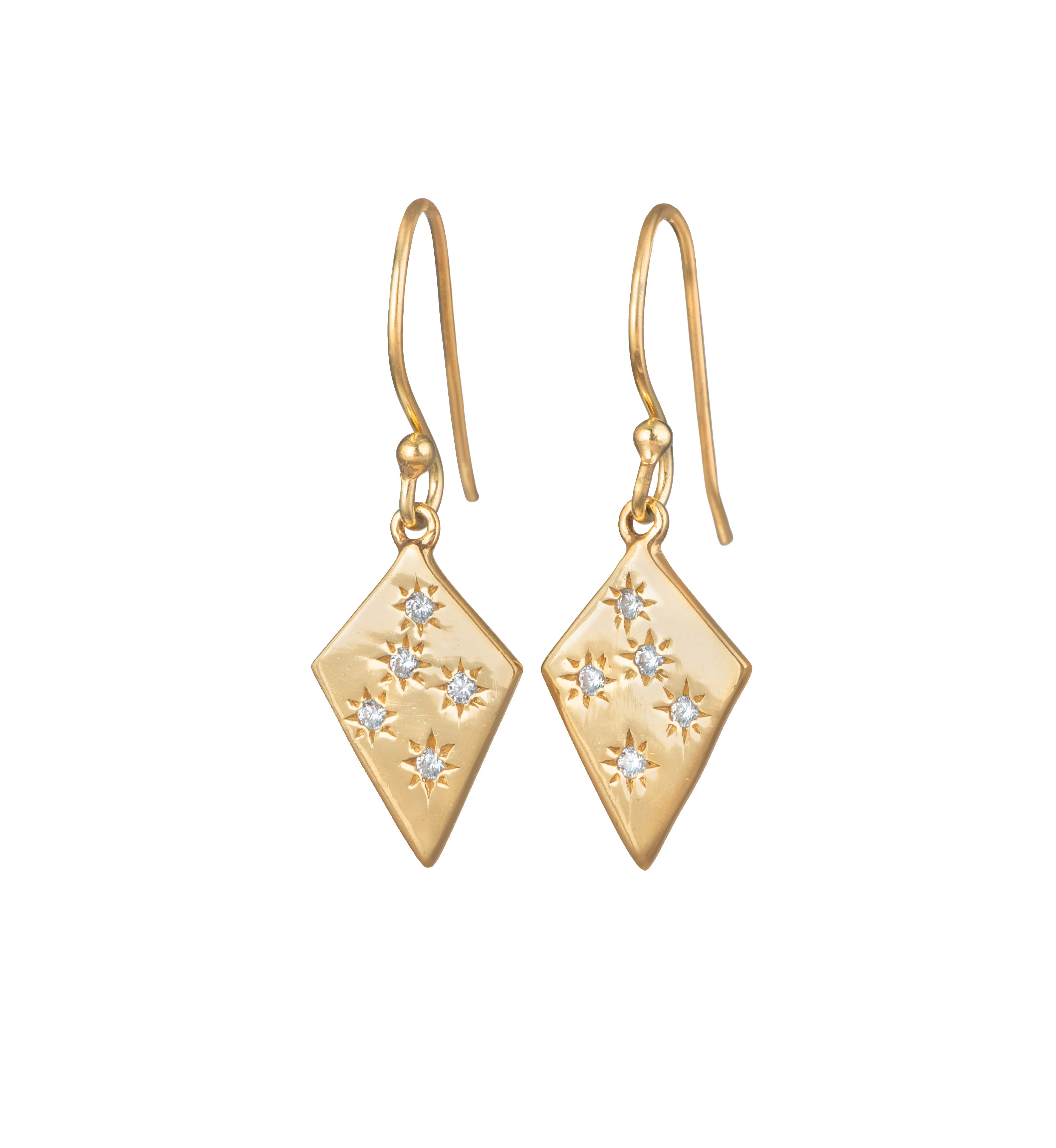 Gold Plated Sterling Silver Diamond Shaped Hook Earrings with Cubic Zirconia -ERD070-CZ-G - Milina London