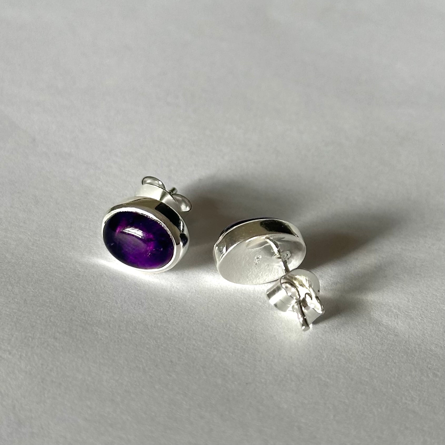 Sterling Silver Oval Stud Earrings with Cabochon Cut Amethyst Gemstone - Milina London