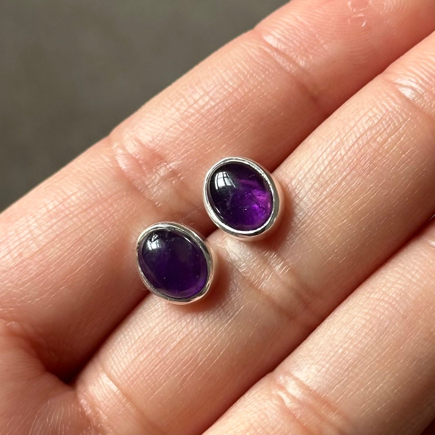 Sterling Silver Oval Stud Earrings with Cabochon Cut Amethyst Gemstone - Milina London