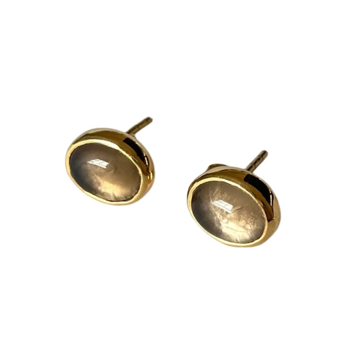 Gold Plated Sterling Silver Oval Stud Earrings with Cabochon Cut Smoky Quartz Gemstone