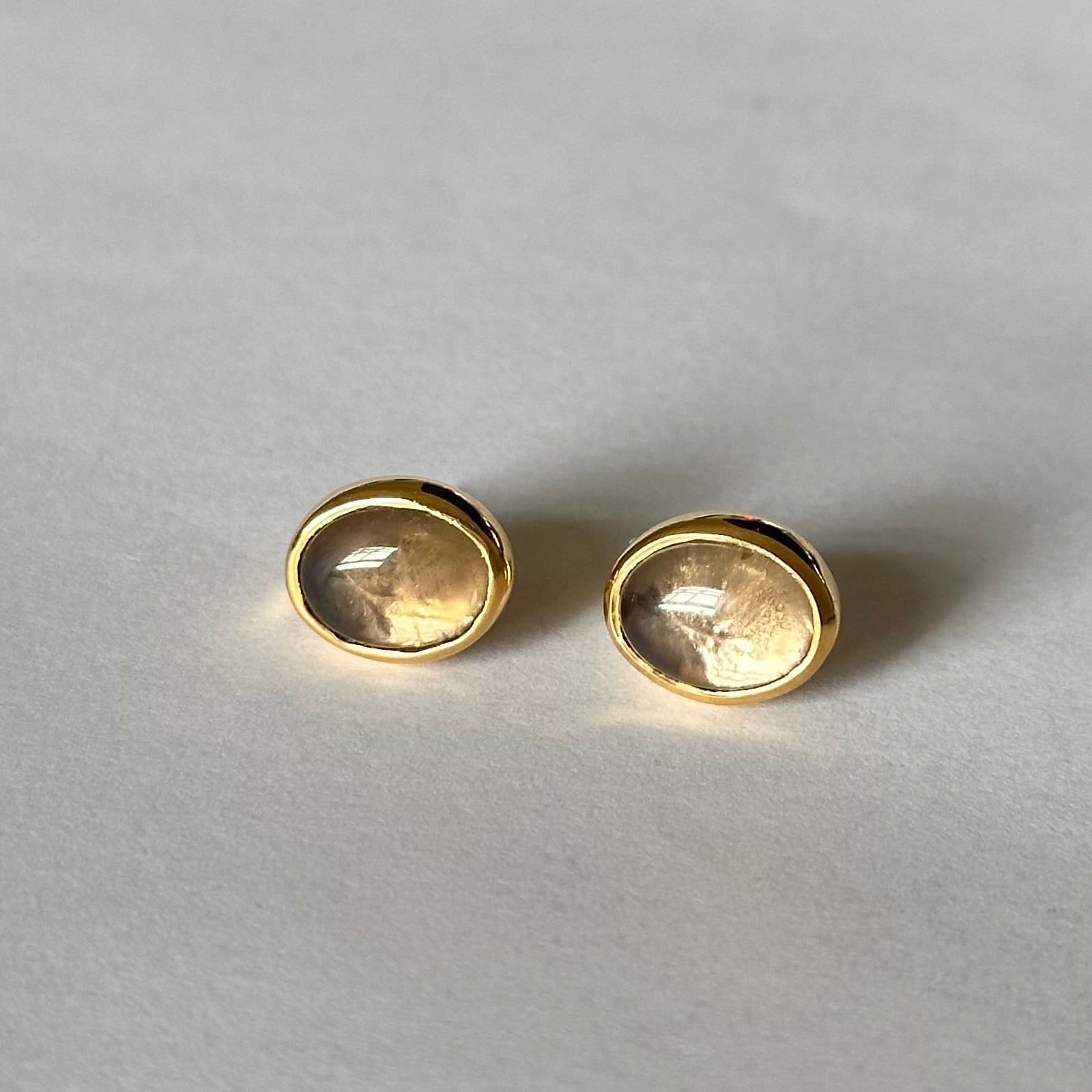 Gold Plated Sterling Silver Oval Stud Earrings with Cabochon Cut Smoky Quartz Gemstone