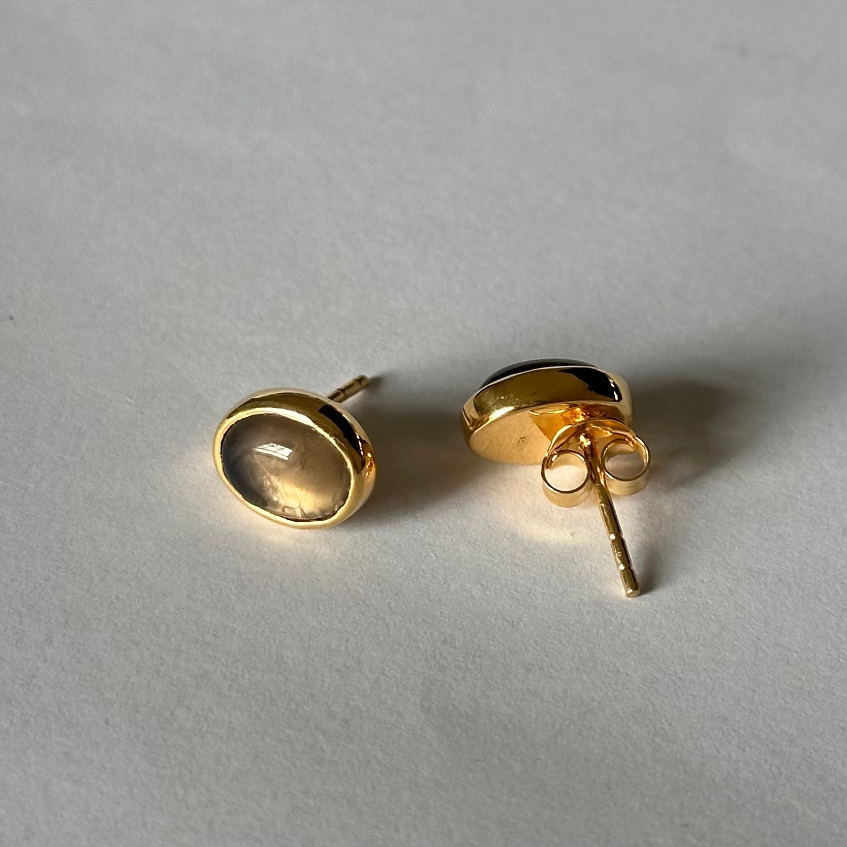 Gold Plated Sterling Silver Oval Stud Earrings with Cabochon Cut Smoky Quartz Gemstone