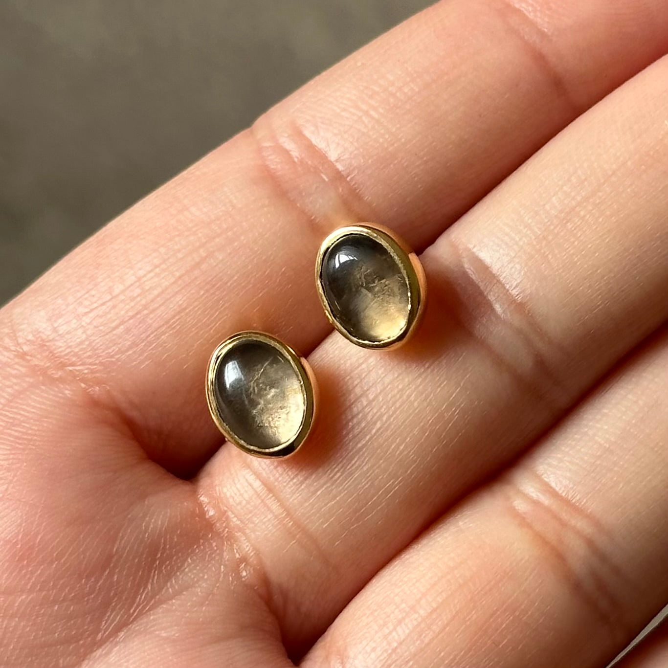 Gold Plated Sterling Silver Oval Stud Earrings with Cabochon Cut Smoky Quartz Gemstone