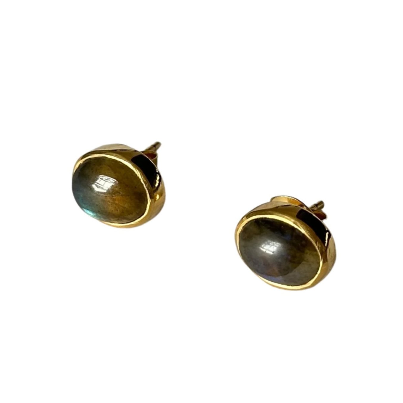 Gold Plated Sterling Silver Oval Stud Earrings with Cabochon Cut Labradorite Gemstone - Milina London 