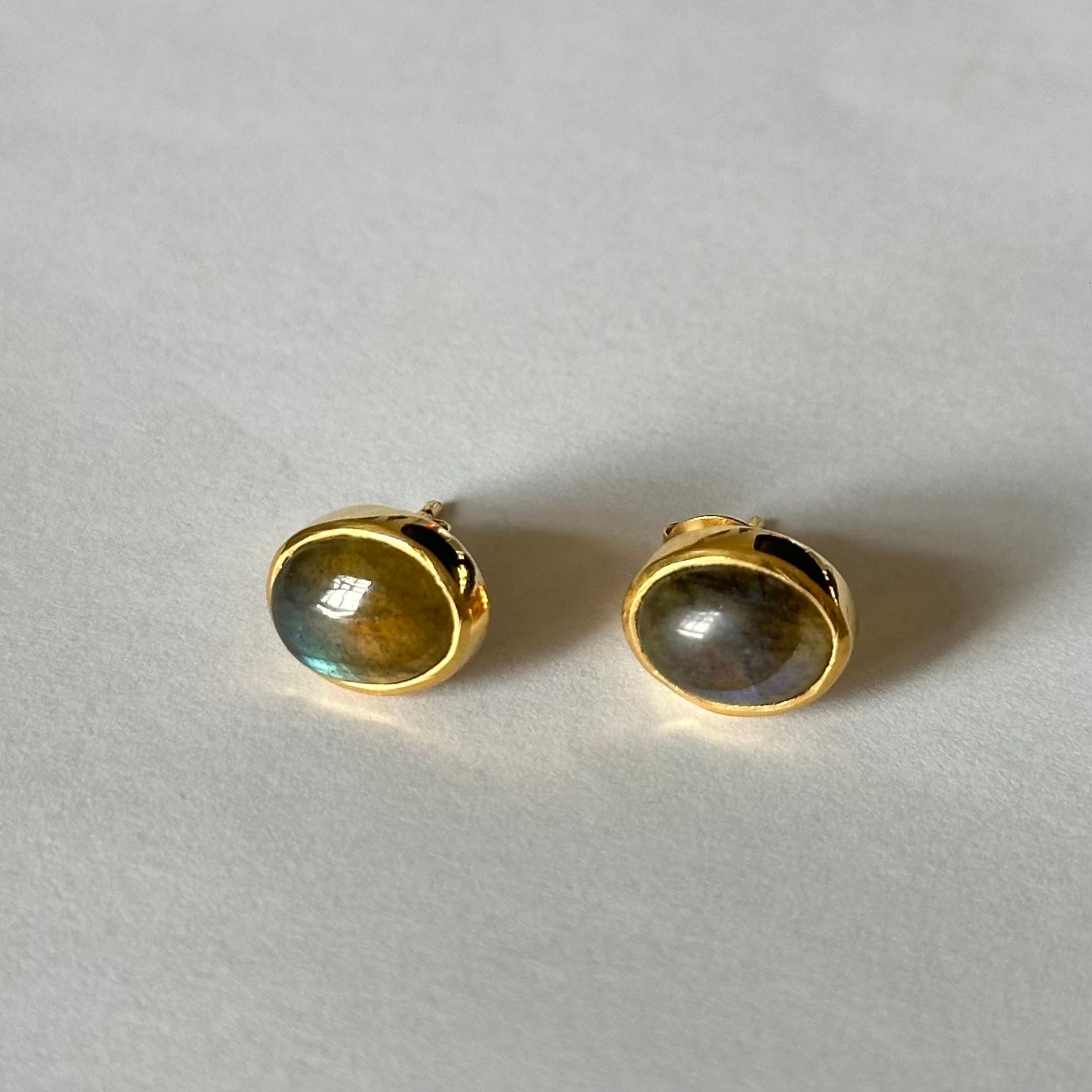 Gold Plated Sterling Silver Oval Stud Earrings with Cabochon Cut Labradorite Gemstone - Milina London 