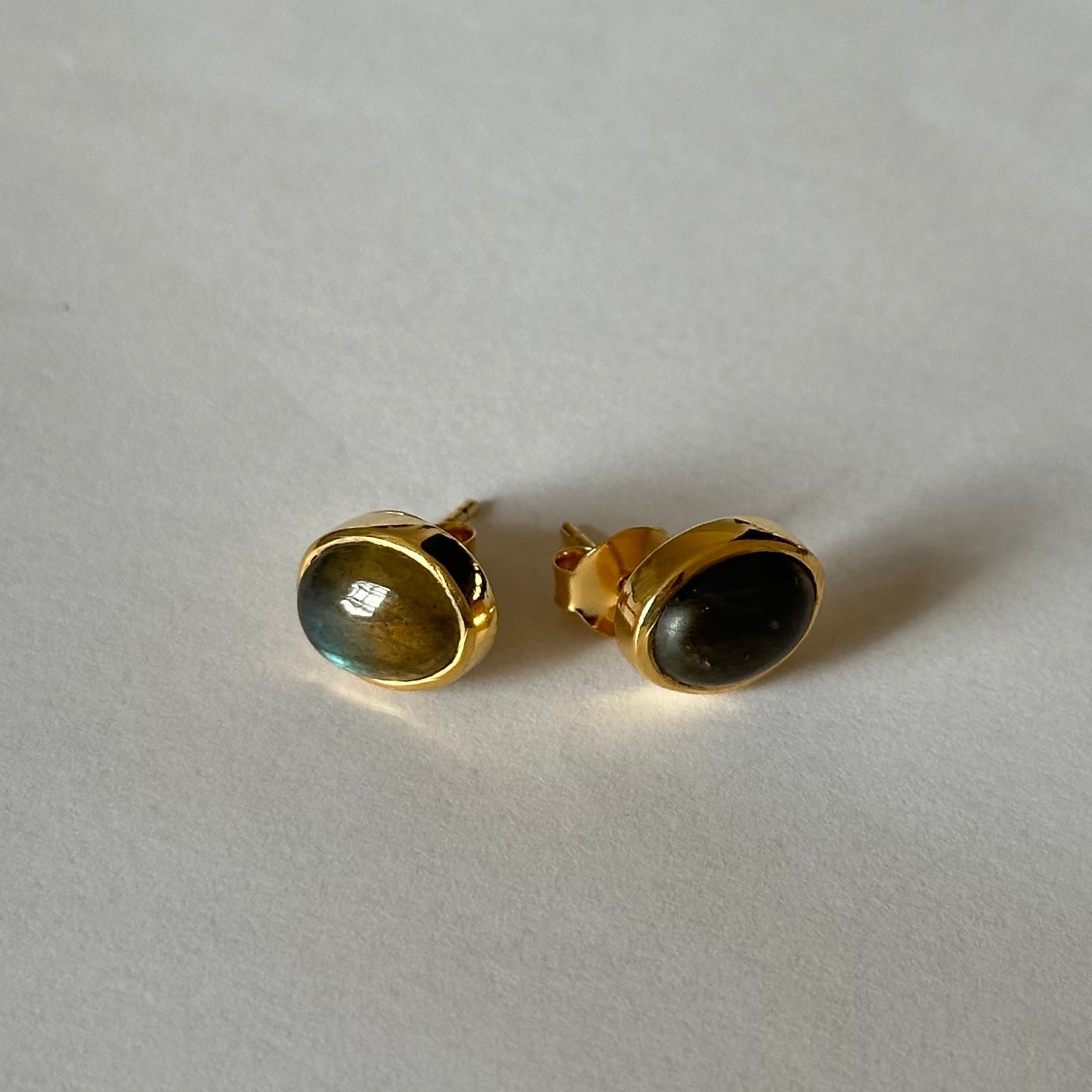 Gold Plated Sterling Silver Oval Stud Earrings with Cabochon Cut Labradorite Gemstone - Milina London 