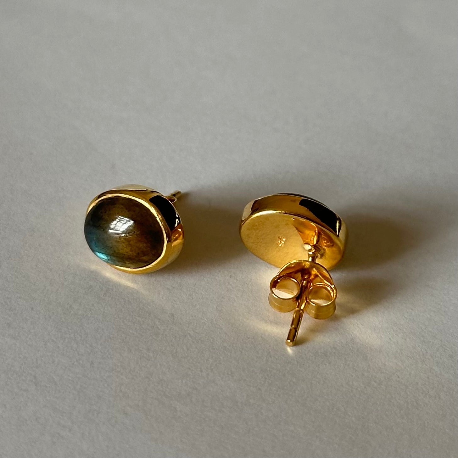 Gold Plated Sterling Silver Oval Stud Earrings with Cabochon Cut Labradorite Gemstone - Milina London 