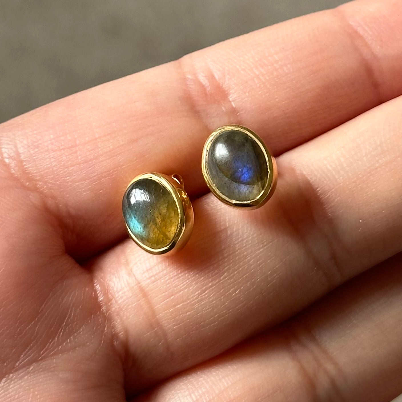 Gold Plated Sterling Silver Oval Stud Earrings with Cabochon Cut Labradorite Gemstone - Milina London 