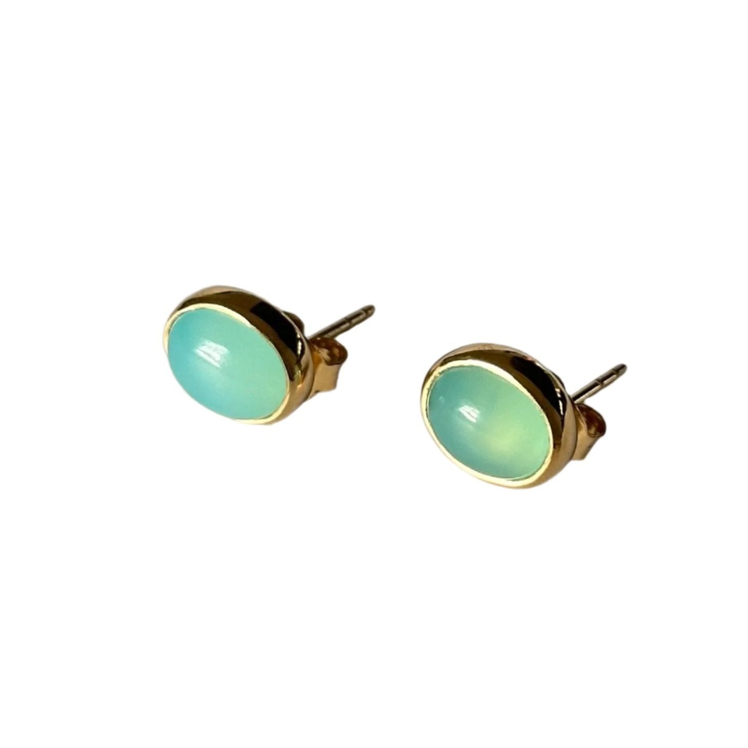 Gold Plated Sterling Silver Oval Stud Earrings with Cabochon Cut Aqua Chalcedony Gemstone - Milina London 