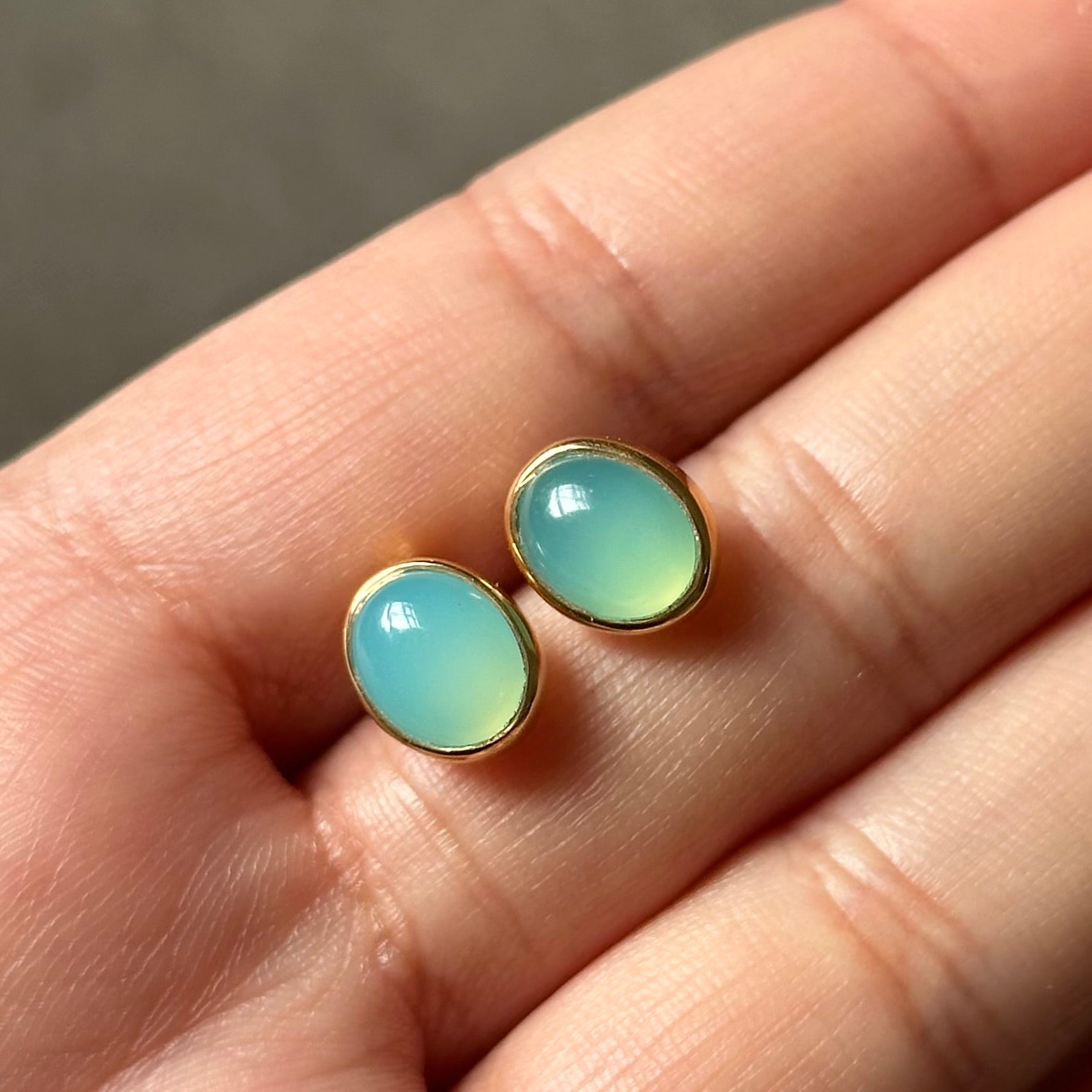 Gold Plated Sterling Silver Oval Stud Earrings with Cabochon Cut Aqua Chalcedony Gemstone - Milina London 