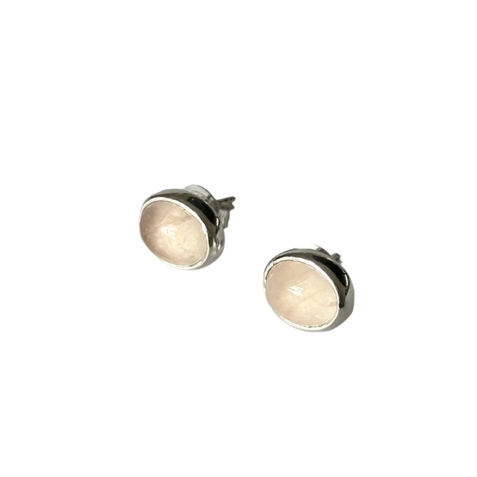 Sterling Silver Oval Stud Earrings with Cabochon Cut Rose Quartz Gemstone - Milina London 