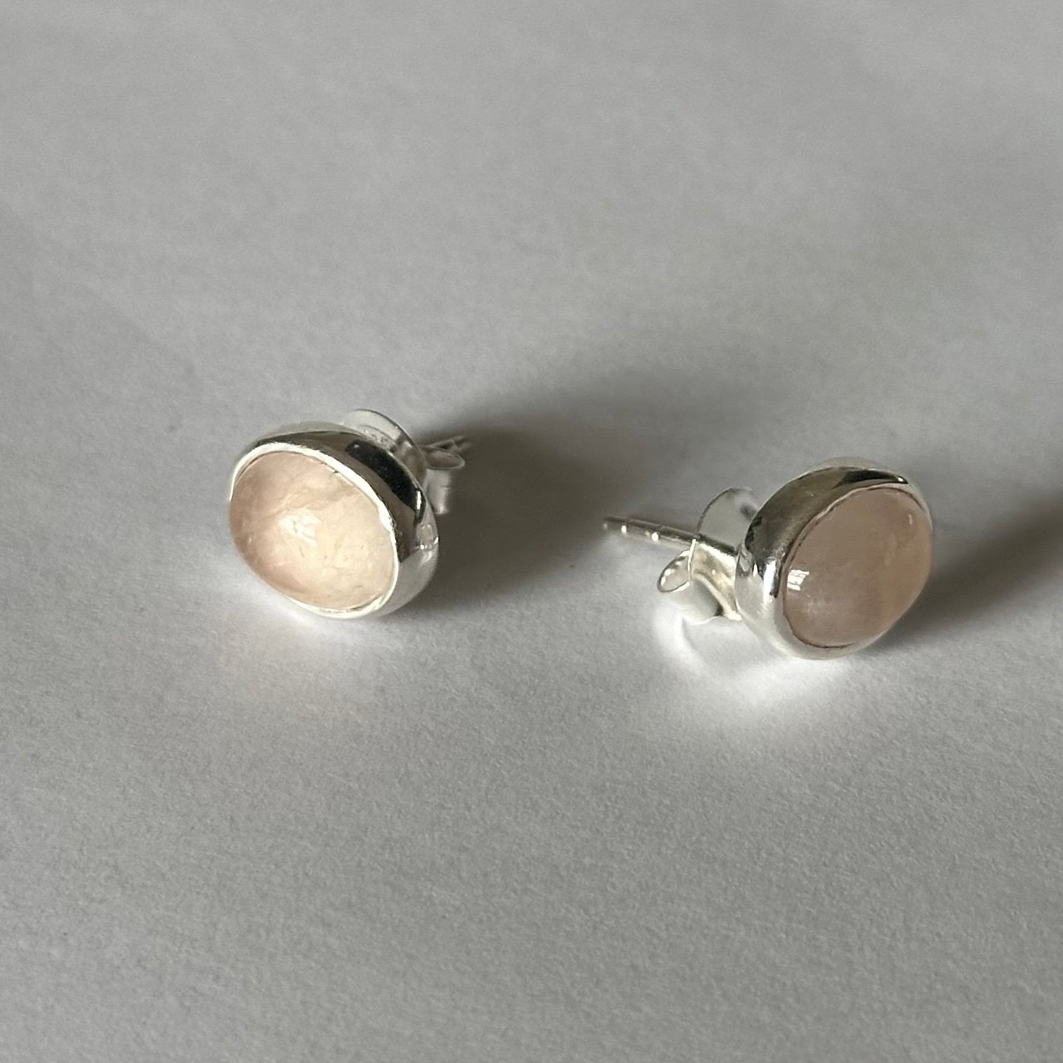 Sterling Silver Oval Stud Earrings with Cabochon Cut Rose Quartz Gemstone - Milina London 