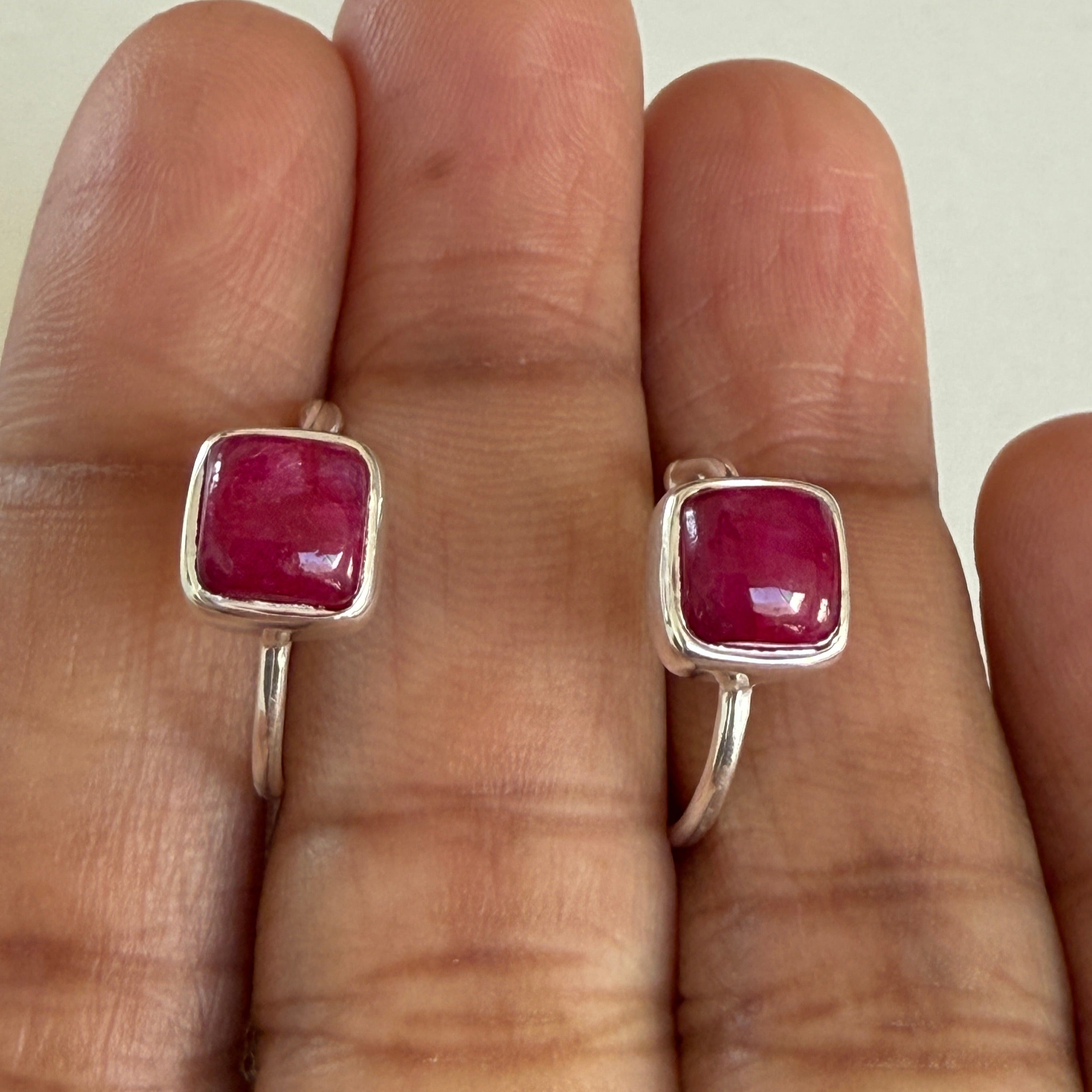 Minimal Sterling Silver Small Hoops with a Square Cabochon Gemstone - Ruby Quartz