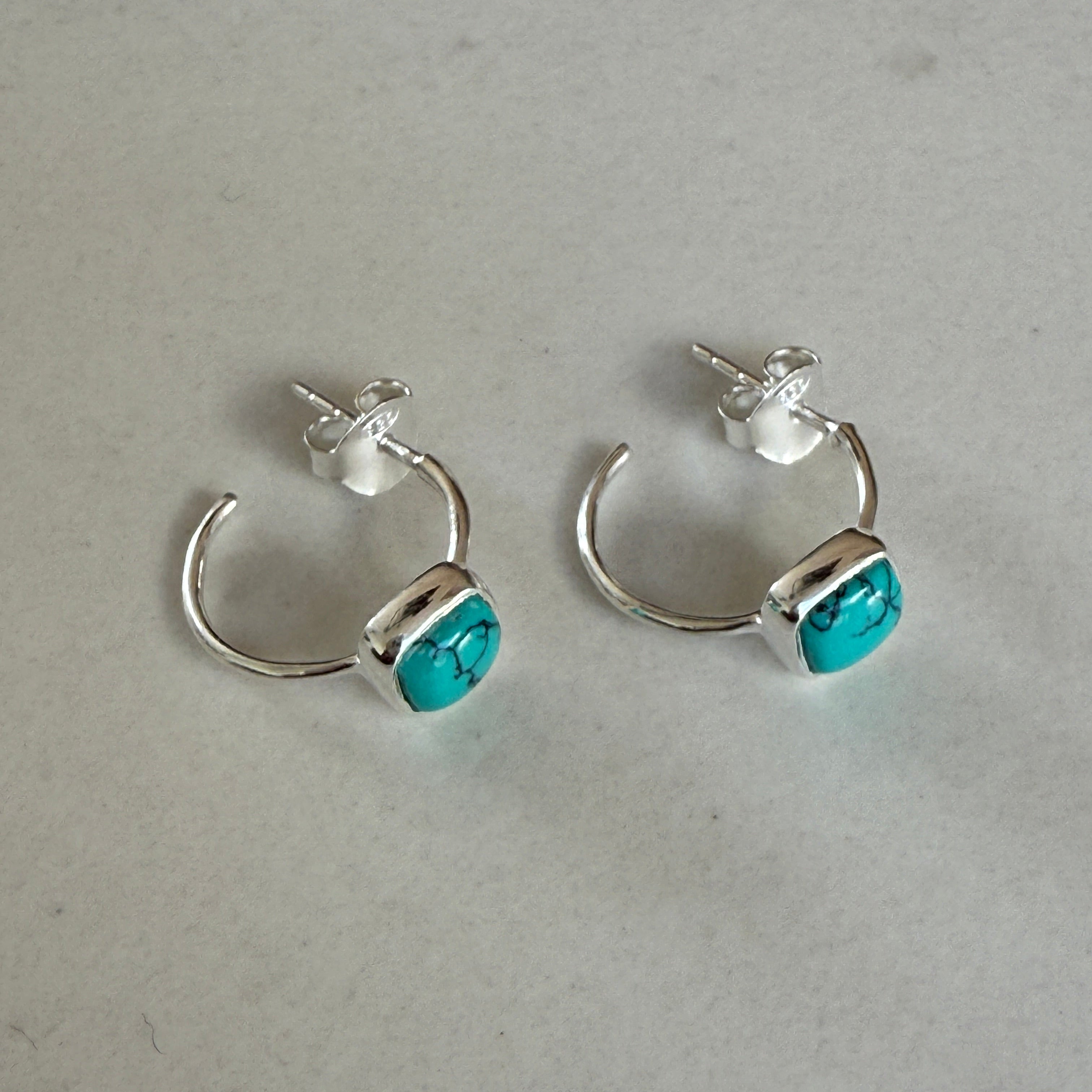 Minimal Sterling Silver Small Hoops with a Square Cabochon Gemstone - Turquoise