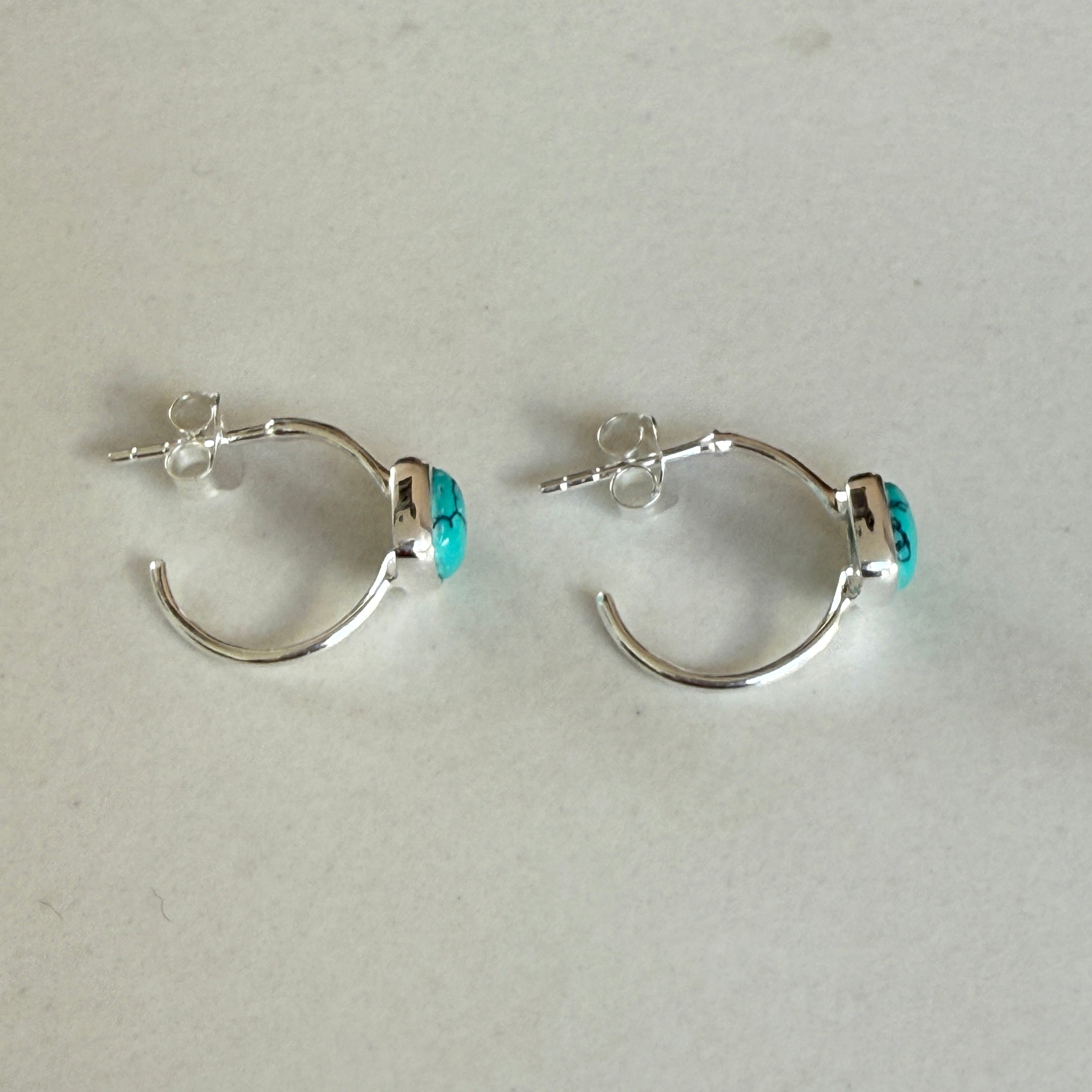 Minimal Sterling Silver Small Hoops with a Square Cabochon Gemstone - Turquoise