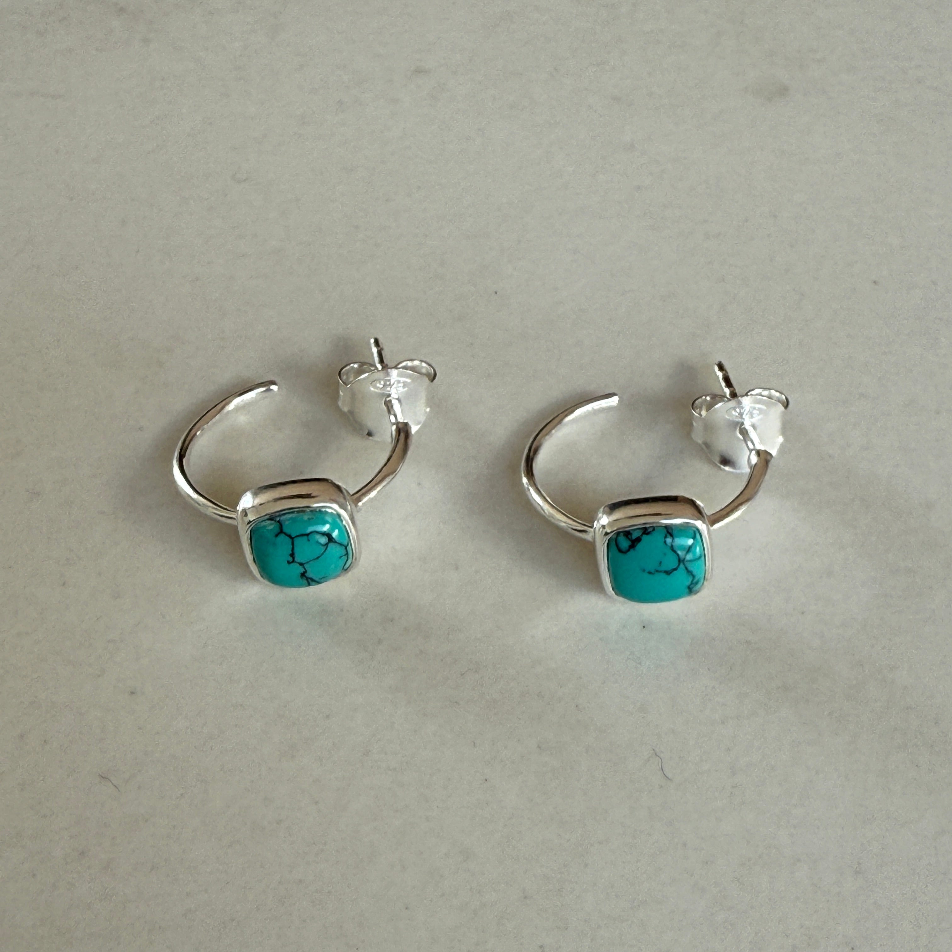 Minimal Sterling Silver Small Hoops with a Square Cabochon Gemstone - Turquoise