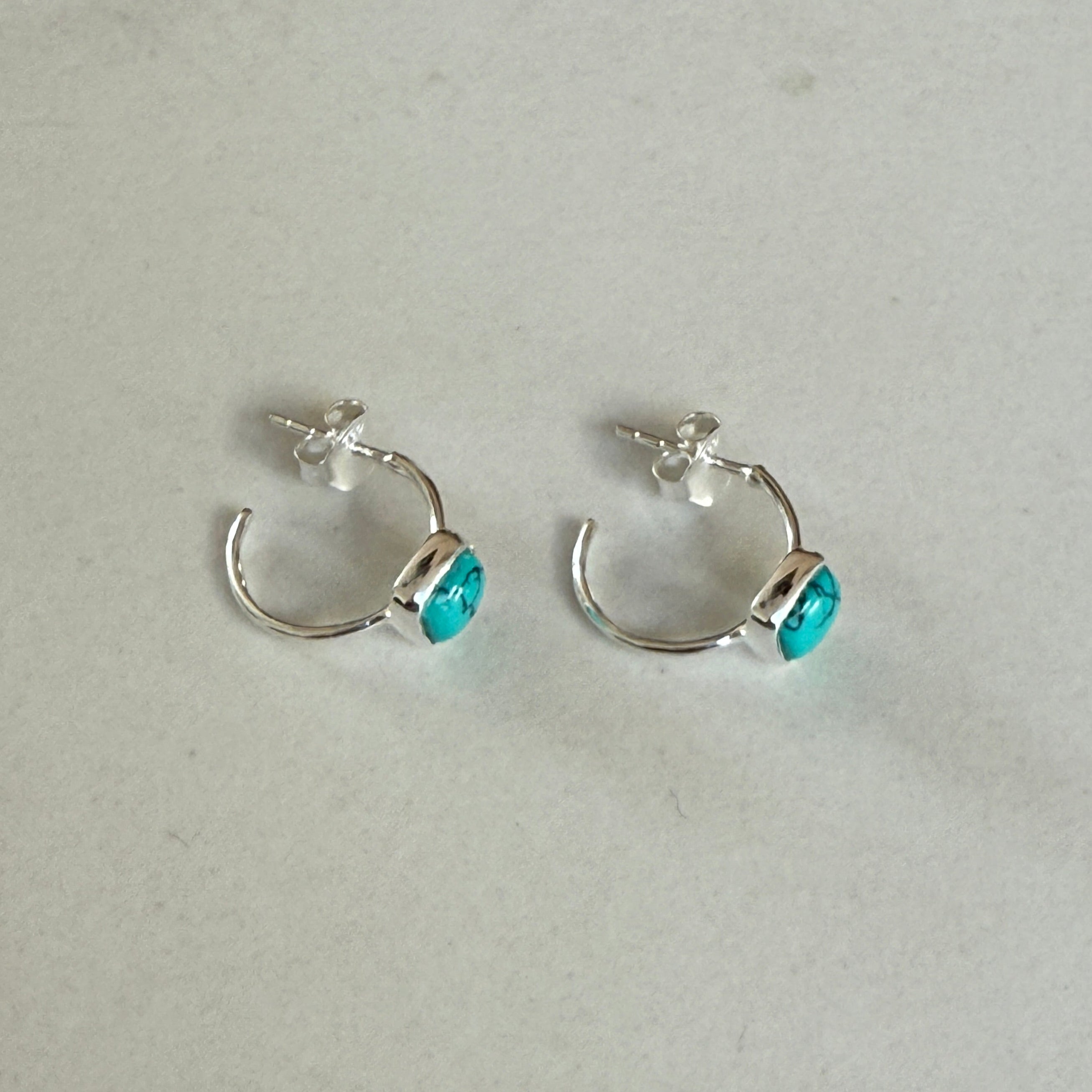 Minimal Sterling Silver Small Hoops with a Square Cabochon Gemstone - Turquoise