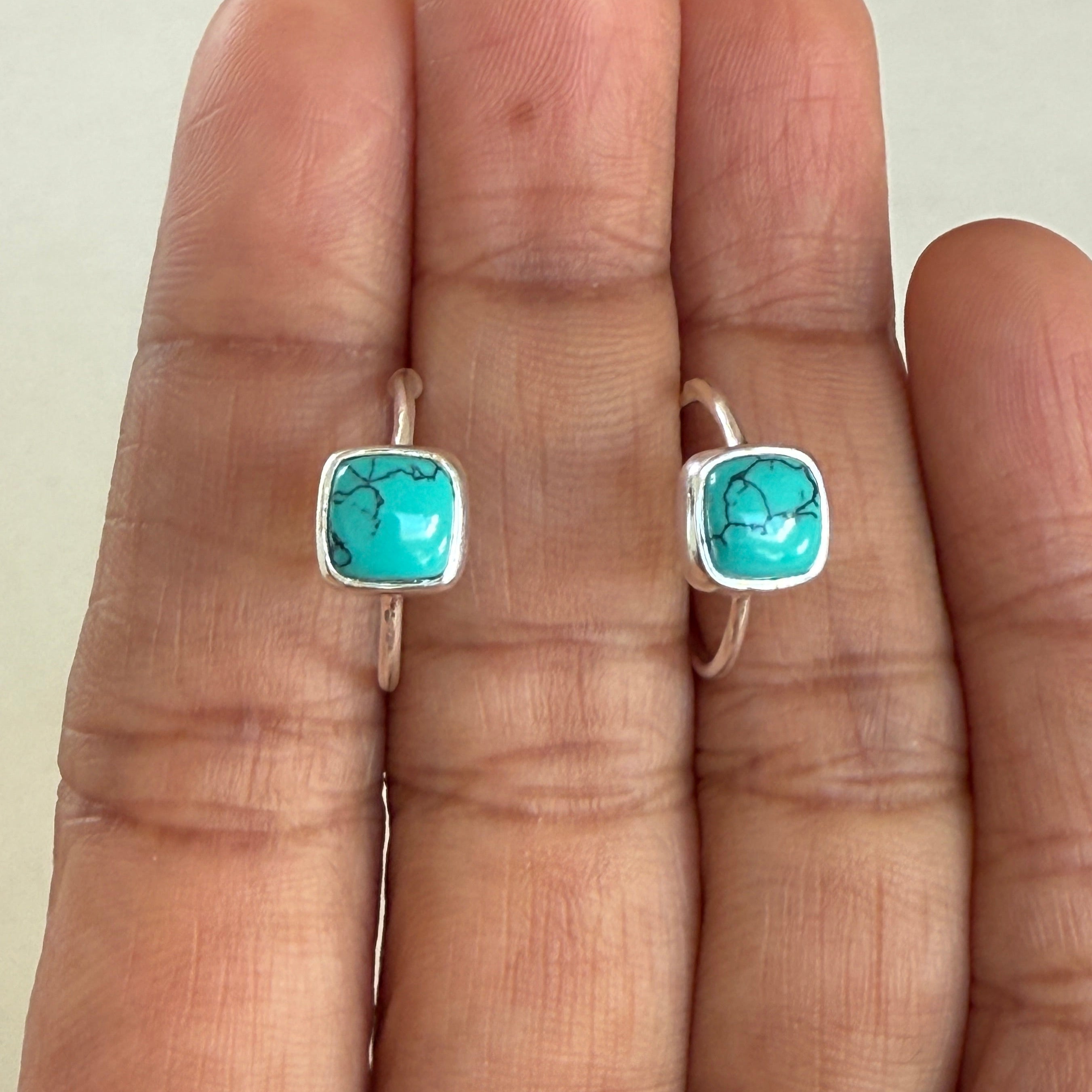 Minimal Sterling Silver Small Hoops with a Square Cabochon Gemstone - Turquoise