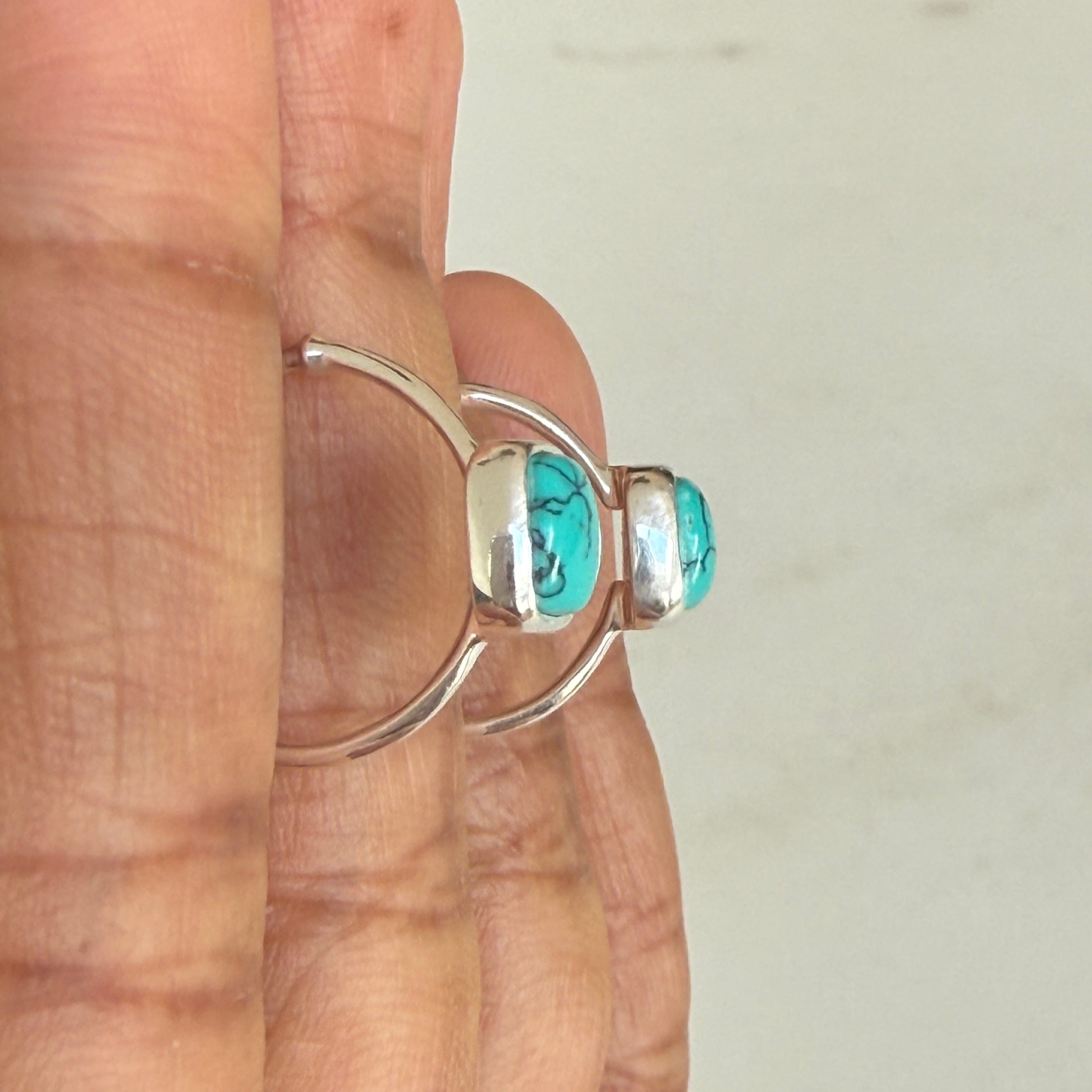 Minimal Sterling Silver Small Hoops with a Square Cabochon Gemstone - Turquoise