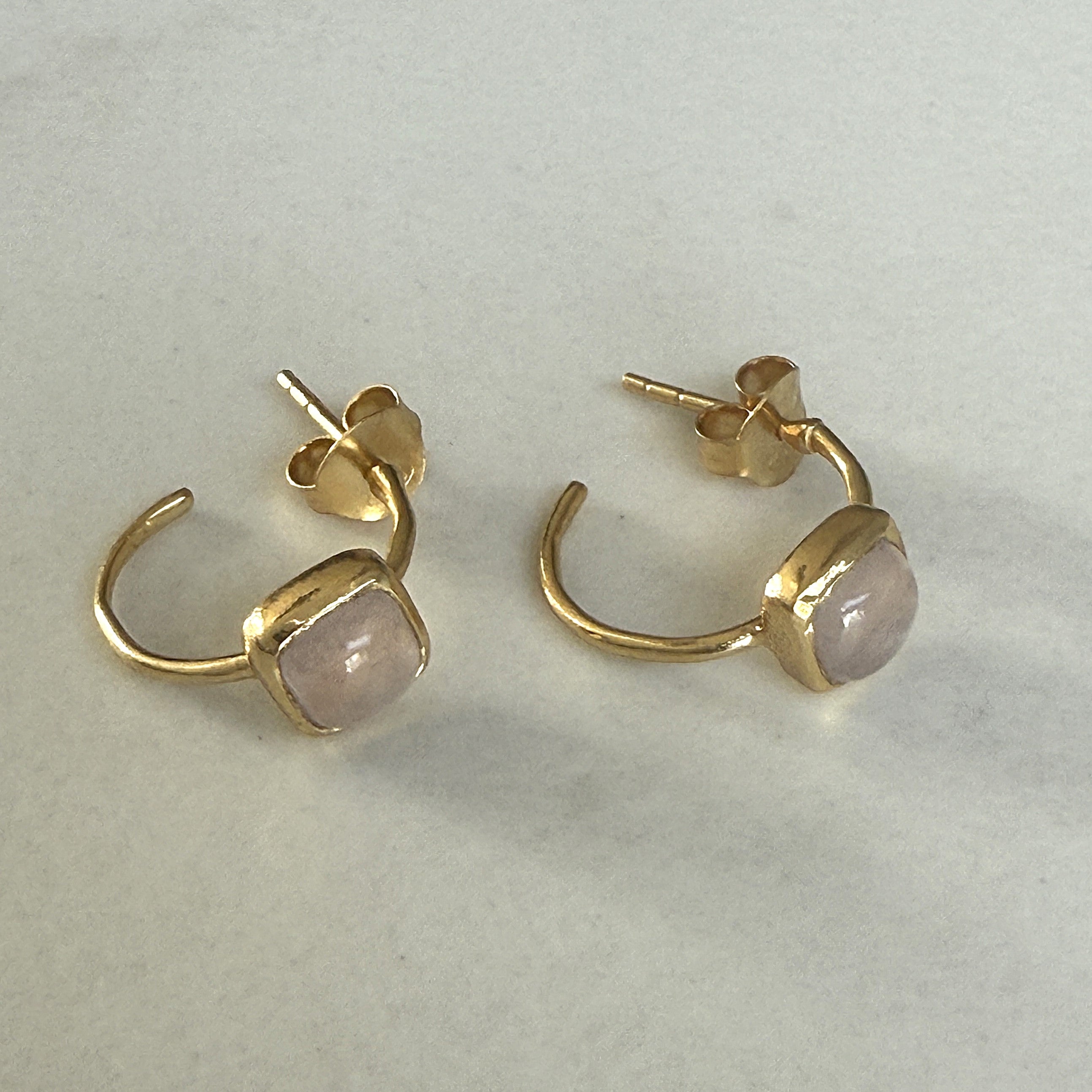 Minimal Gold Plated Sterling Silver Small Hoops with a Square Cabochon Gemstone - Rose Quartz