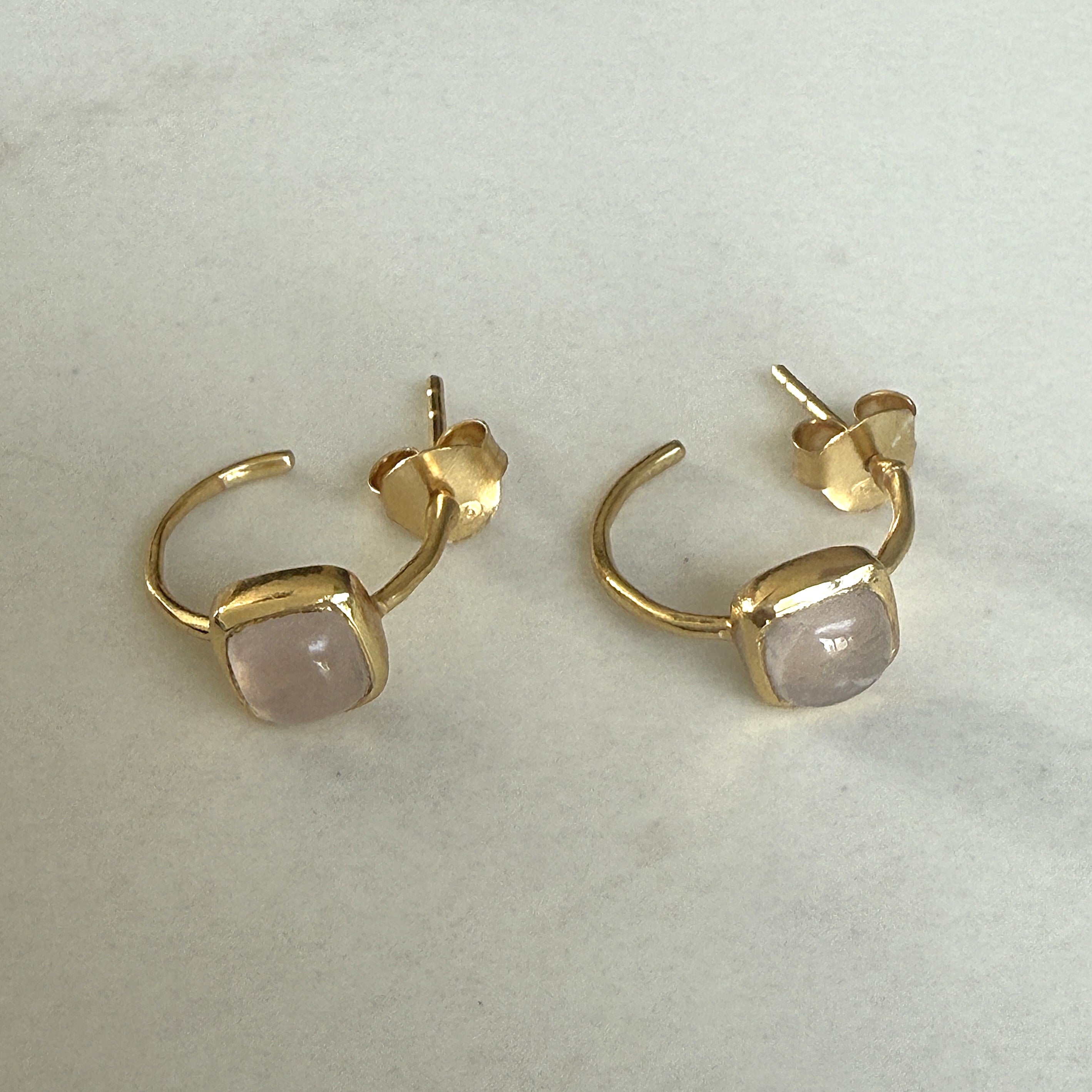 Minimal Gold Plated Sterling Silver Small Hoops with a Square Cabochon Gemstone - Rose Quartz