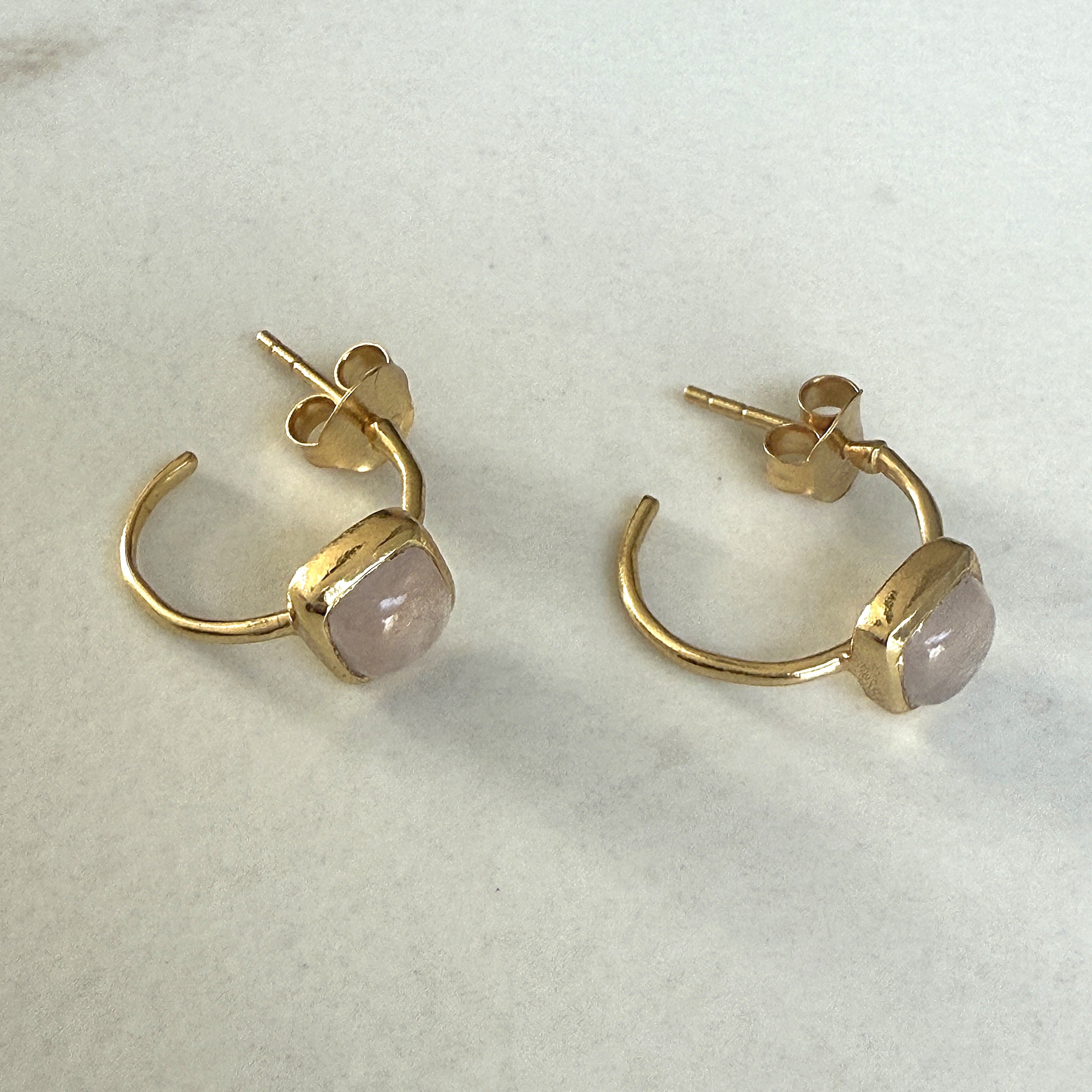 Minimal Gold Plated Sterling Silver Small Hoops with a Square Cabochon Gemstone - Rose Quartz