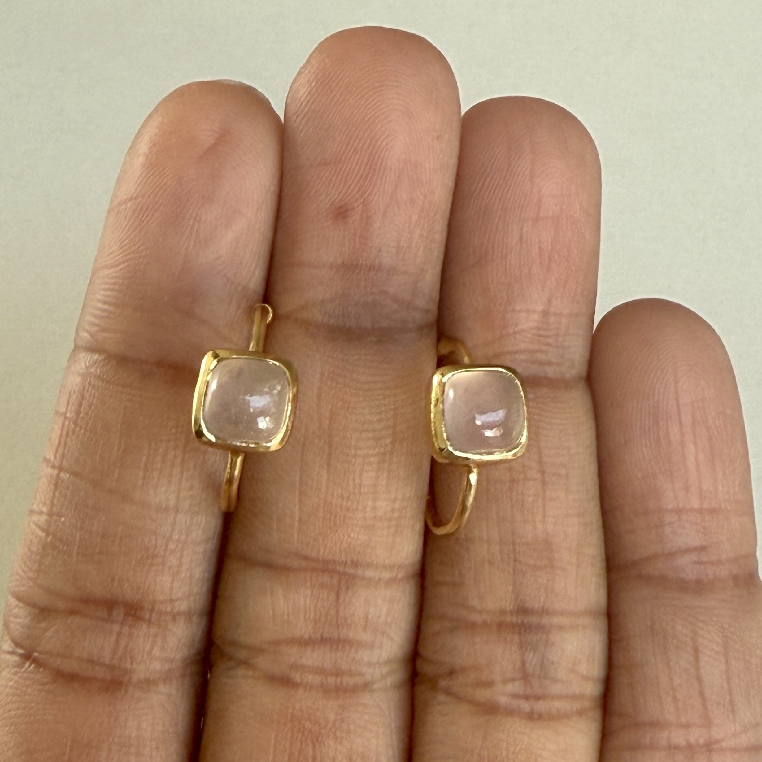 Minimal Gold Plated Sterling Silver Small Hoops with a Square Cabochon Gemstone - Rose Quartz