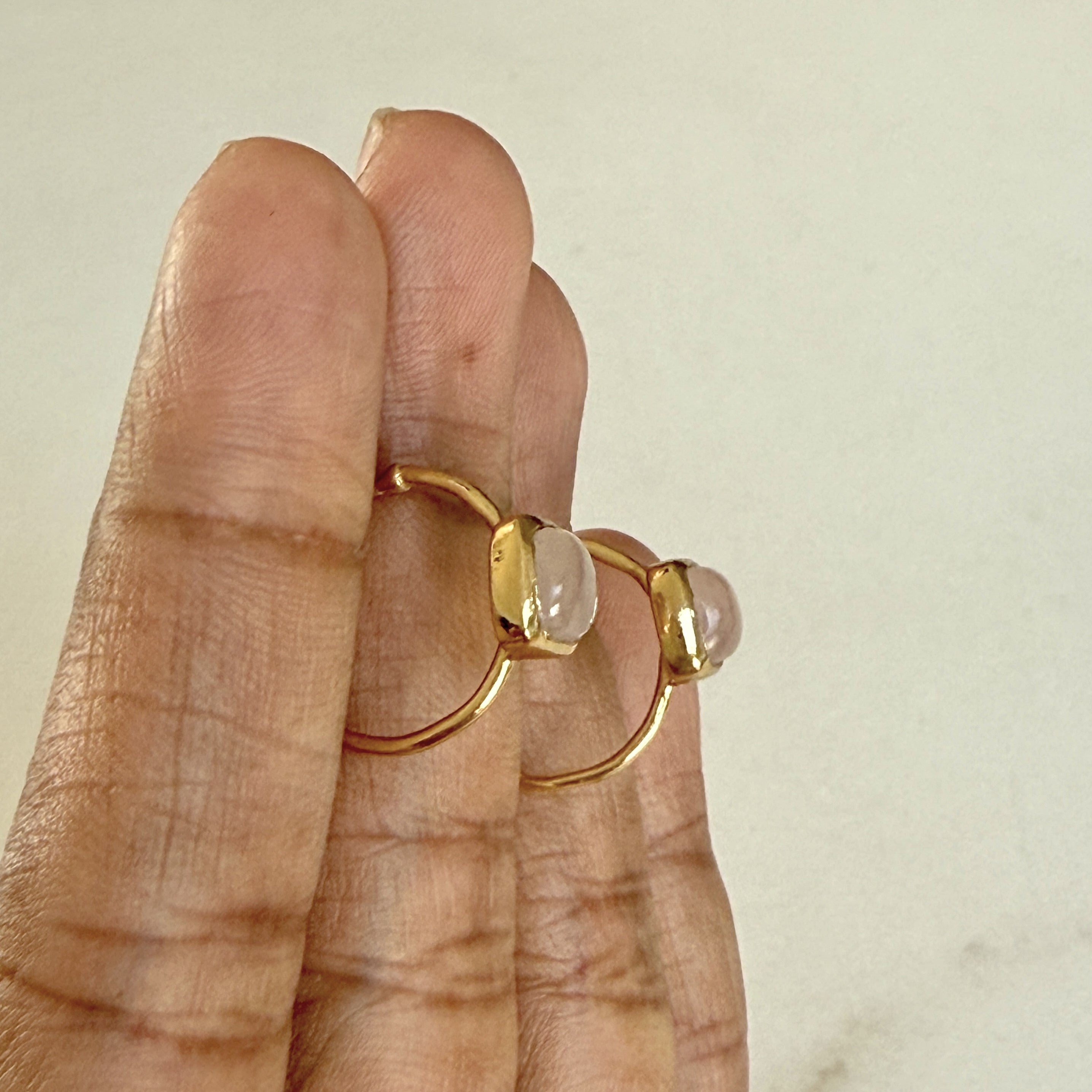 Minimal Gold Plated Sterling Silver Small Hoops with a Square Cabochon Gemstone - Rose Quartz