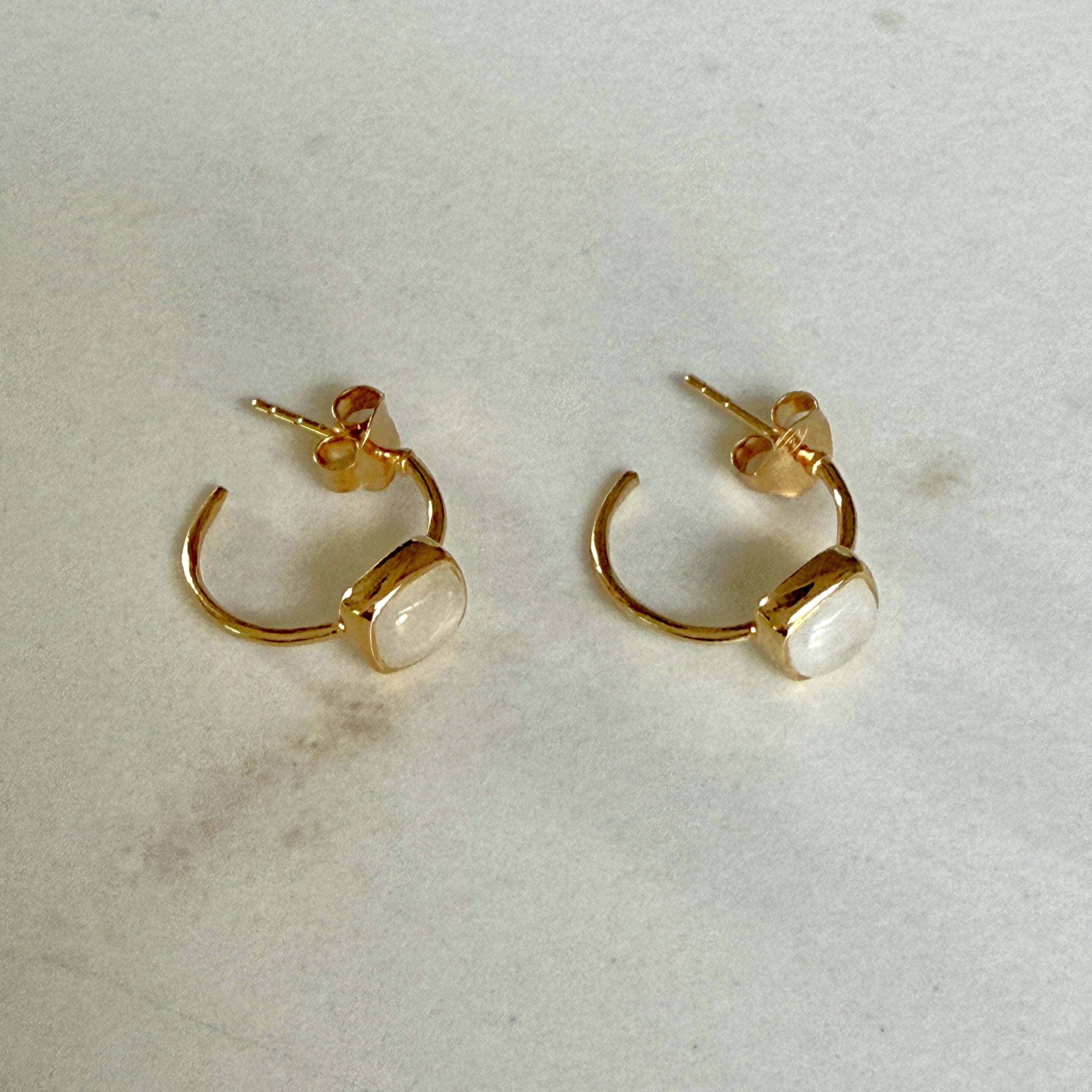 Minimal Gold Plated Sterling Silver Small Hoops with a Square Cabochon Gemstone - Moonstone