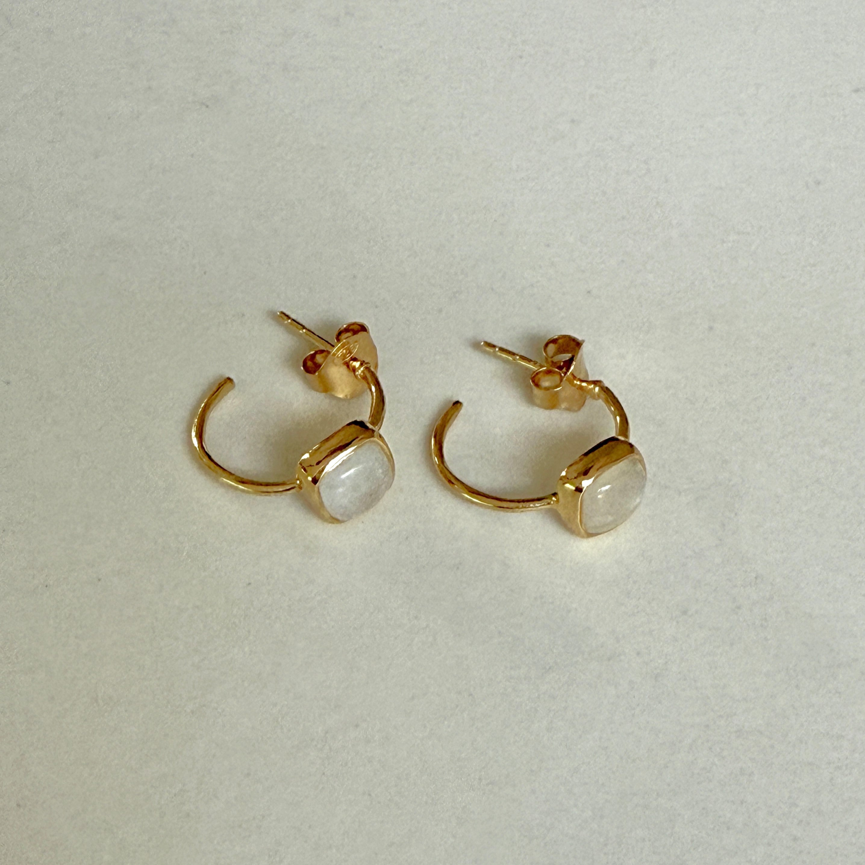 Minimal Gold Plated Sterling Silver Small Hoops with a Square Cabochon Gemstone - Moonstone
