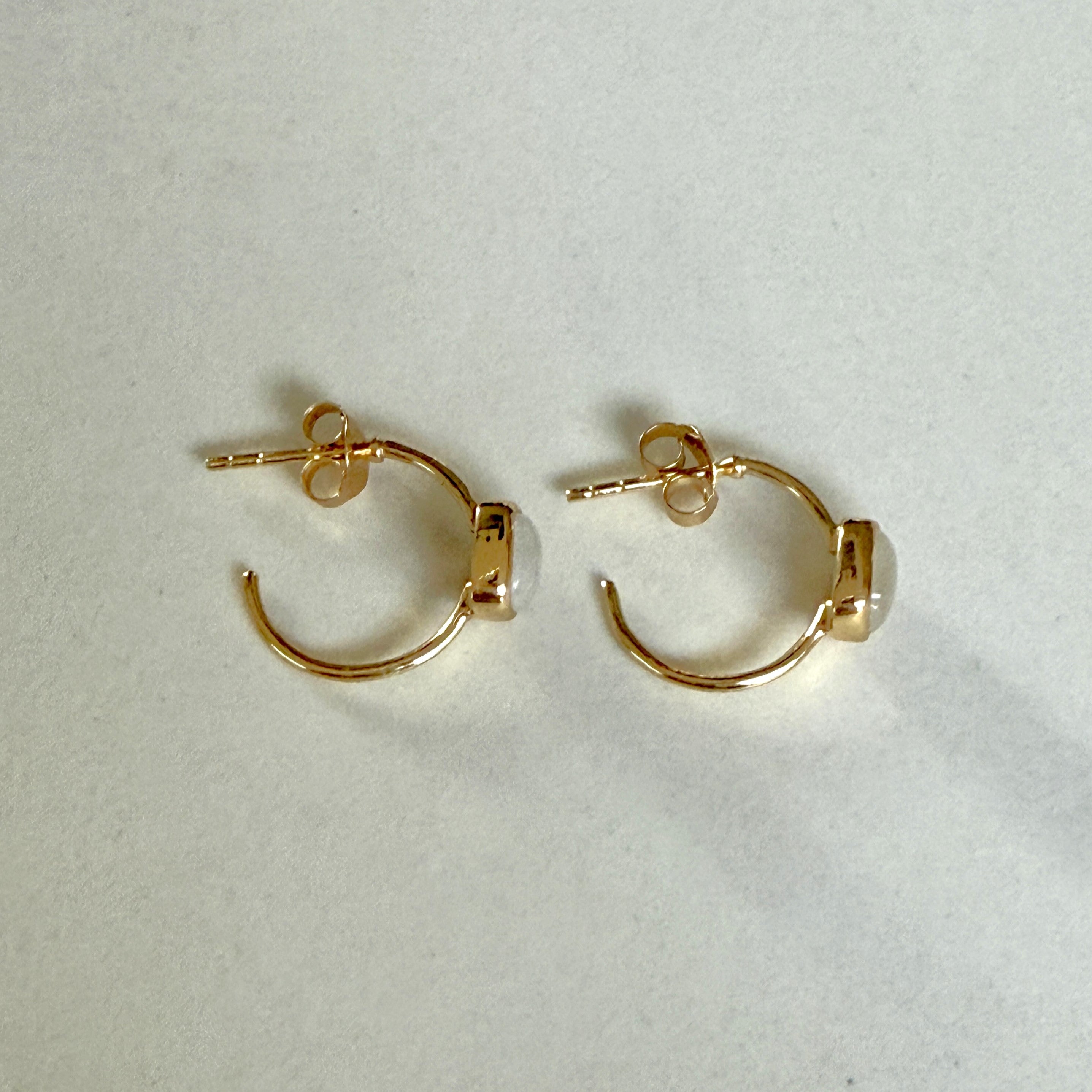 Minimal Gold Plated Sterling Silver Small Hoops with a Square Cabochon Gemstone - Moonstone