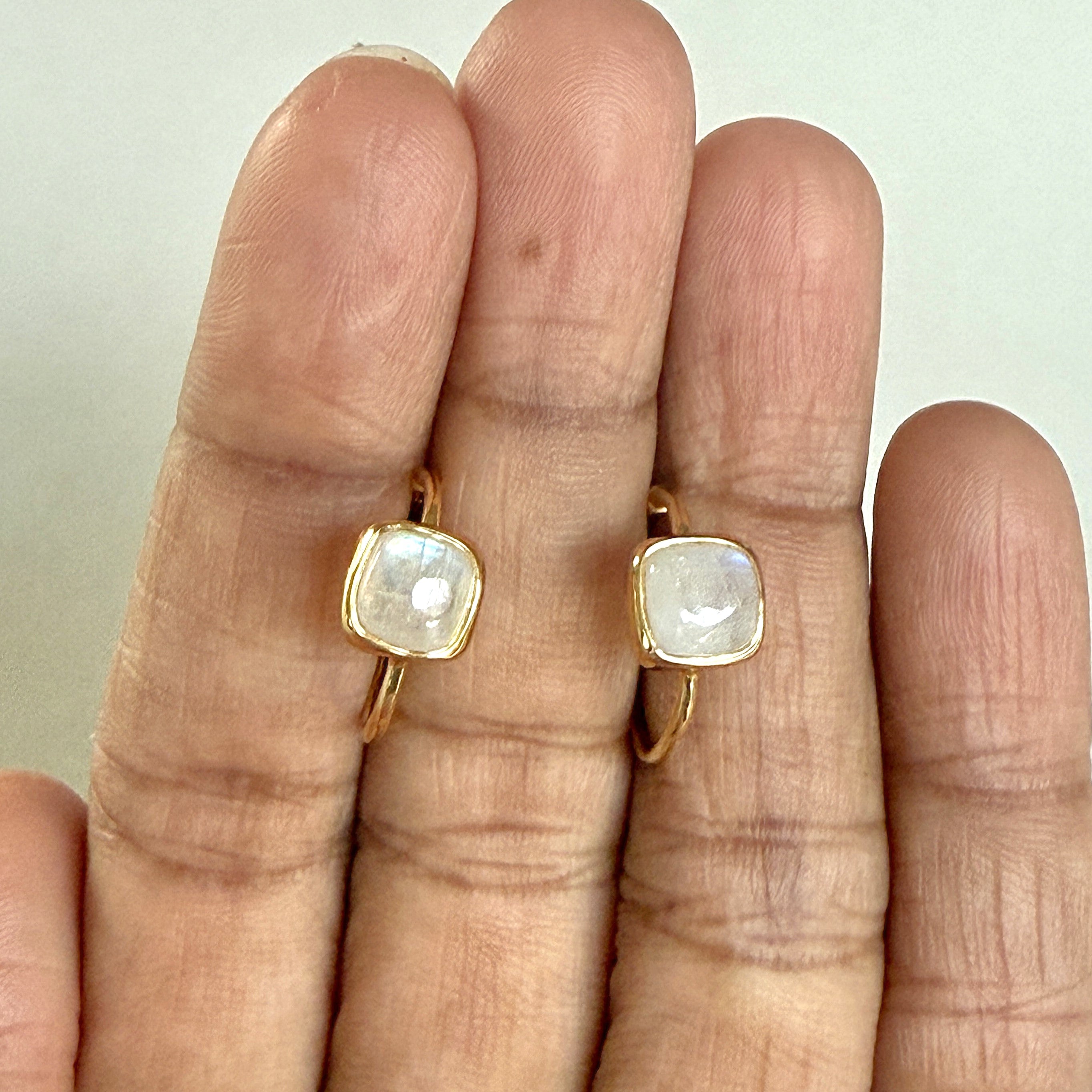 Minimal Gold Plated Sterling Silver Small Hoops with a Square Cabochon Gemstone - Moonstone