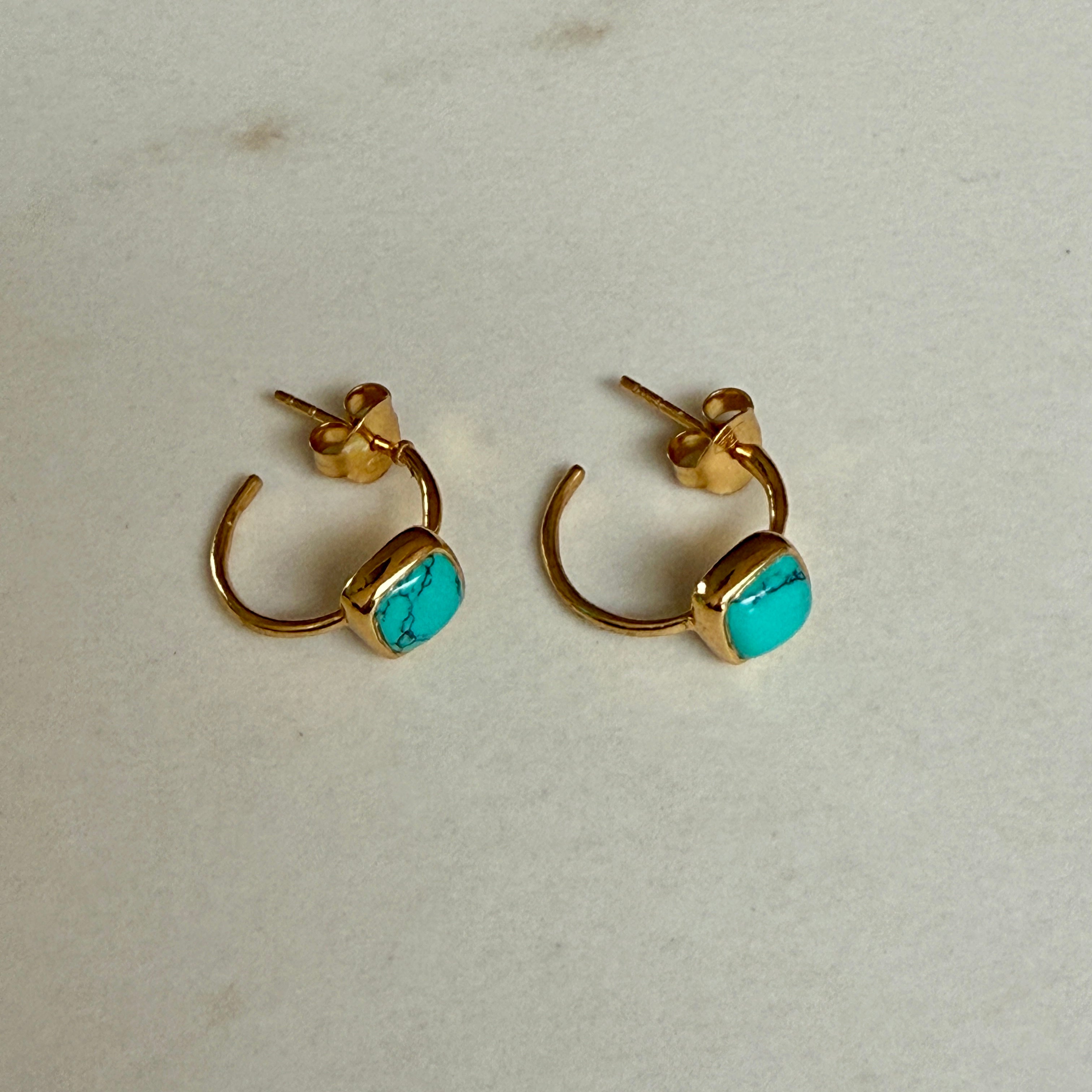 Minimal Gold Plated Sterling Silver Small Hoops with a Square Cabochon Gemstone - Turquoise