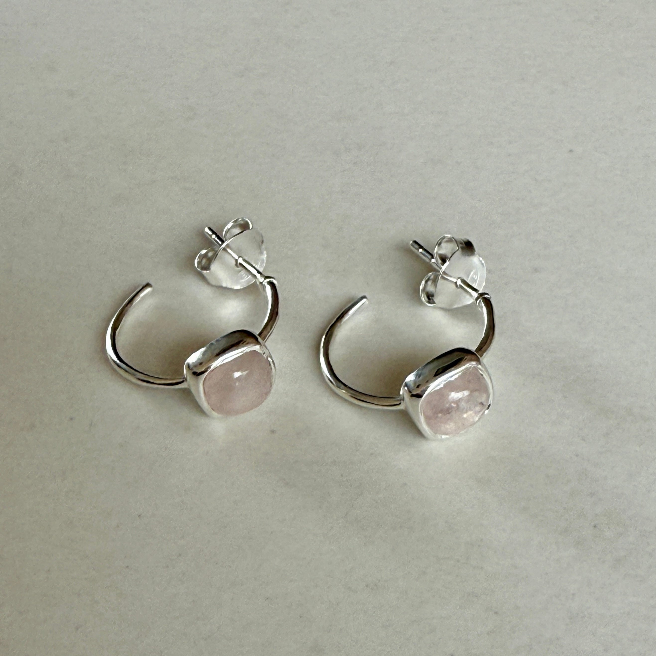 Minimal Sterling Silver Small Hoops with a Square Cabochon Gemstone - Rose Quartz