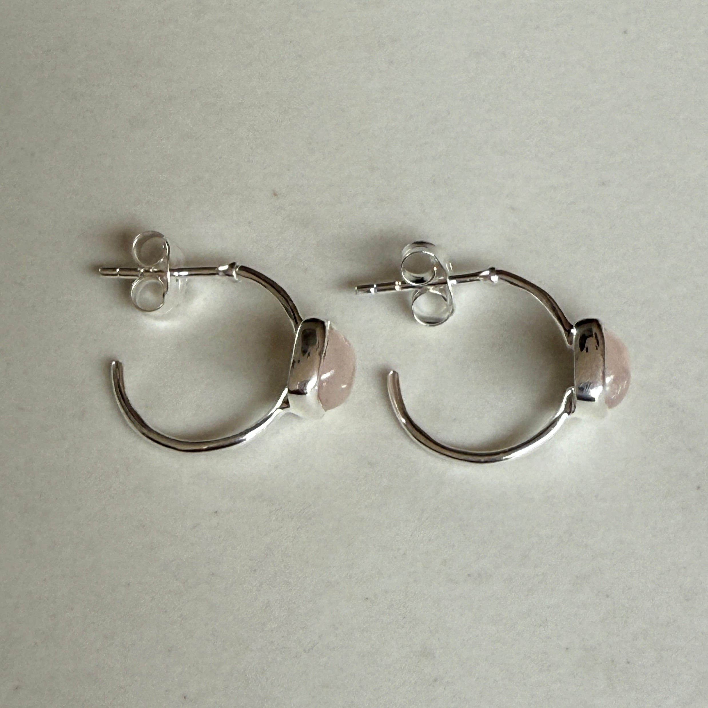 Minimal Sterling Silver Small Hoops with a Square Cabochon Gemstone - Rose Quartz