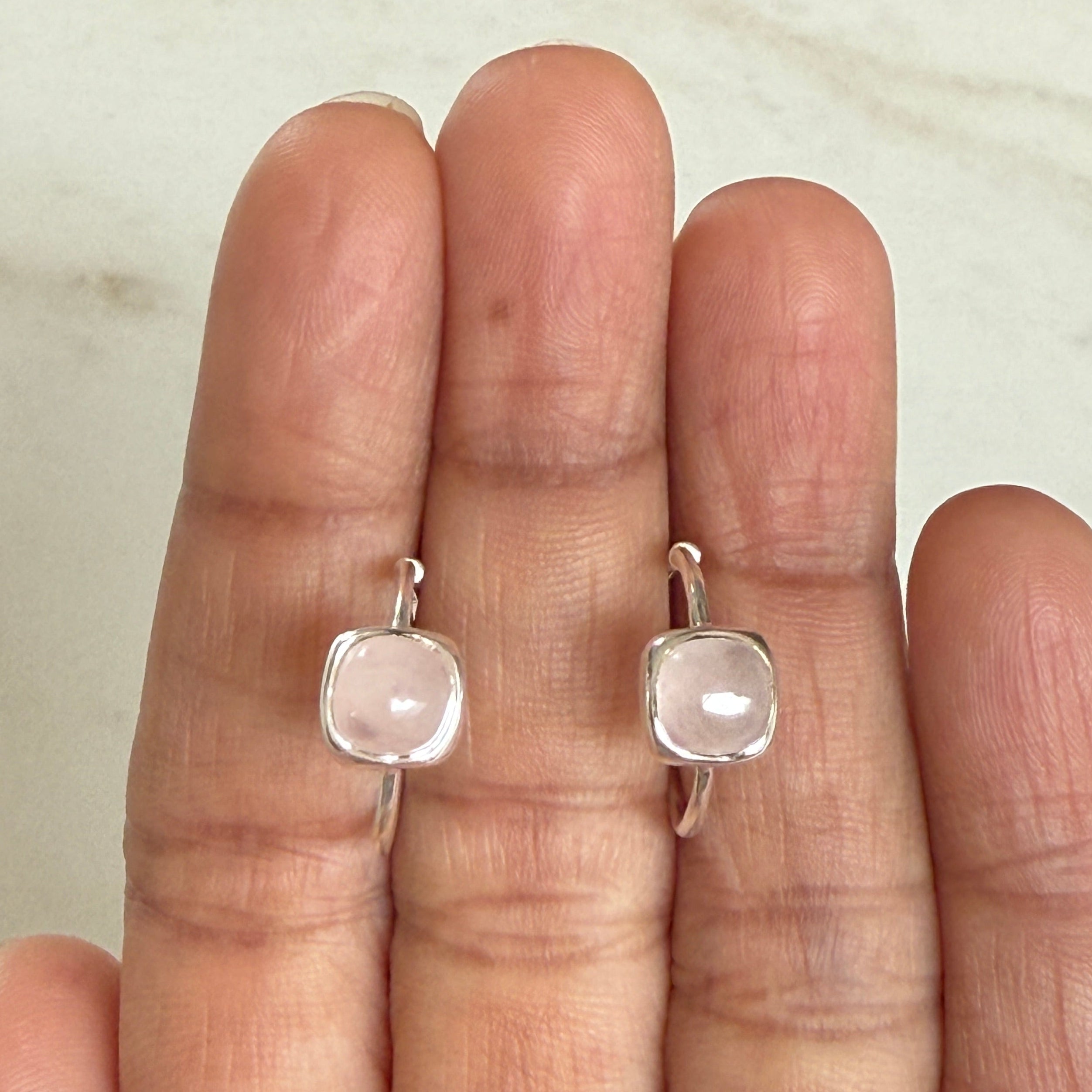 Minimal Sterling Silver Small Hoops with a Square Cabochon Gemstone - Rose Quartz