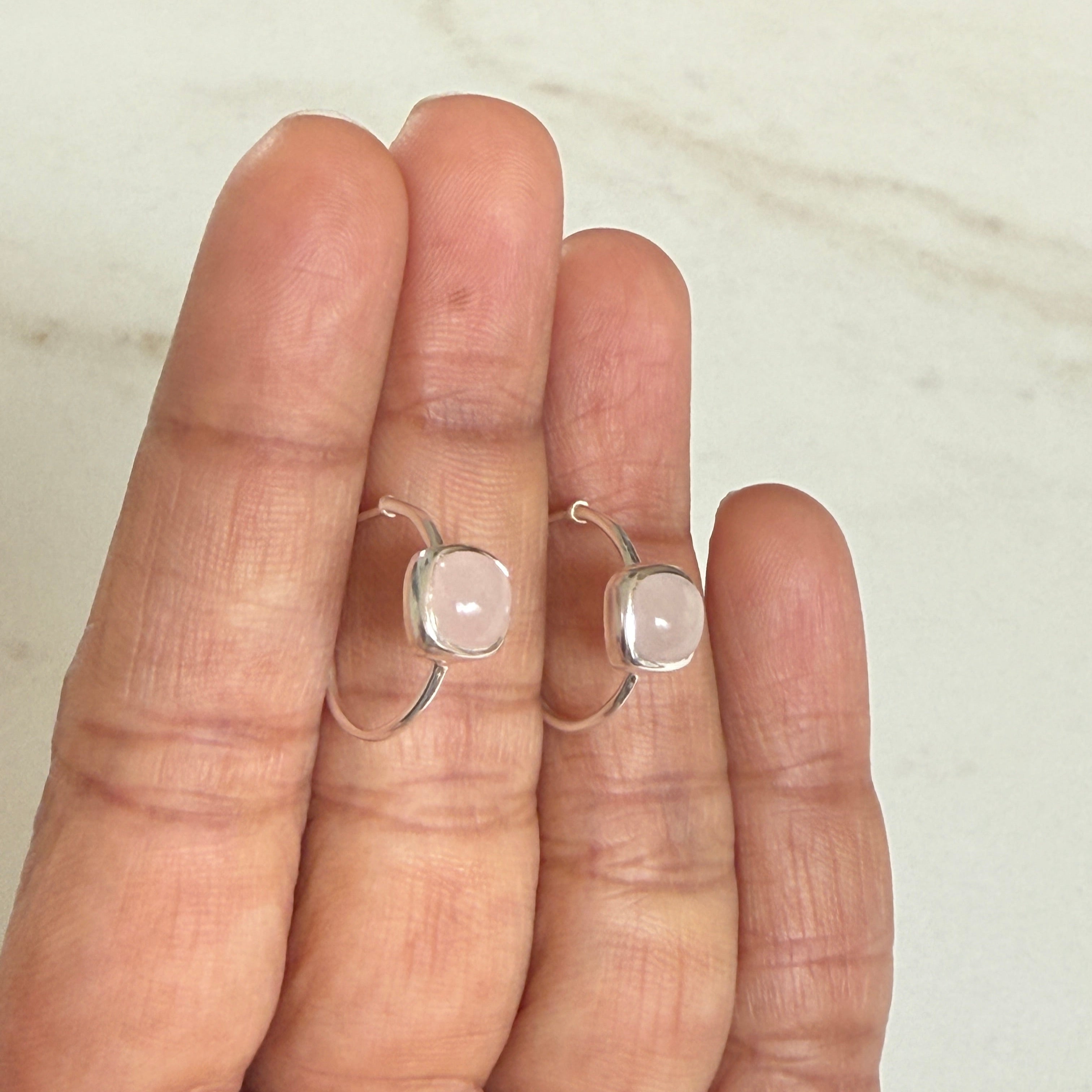 Minimal Sterling Silver Small Hoops with a Square Cabochon Gemstone - Rose Quartz