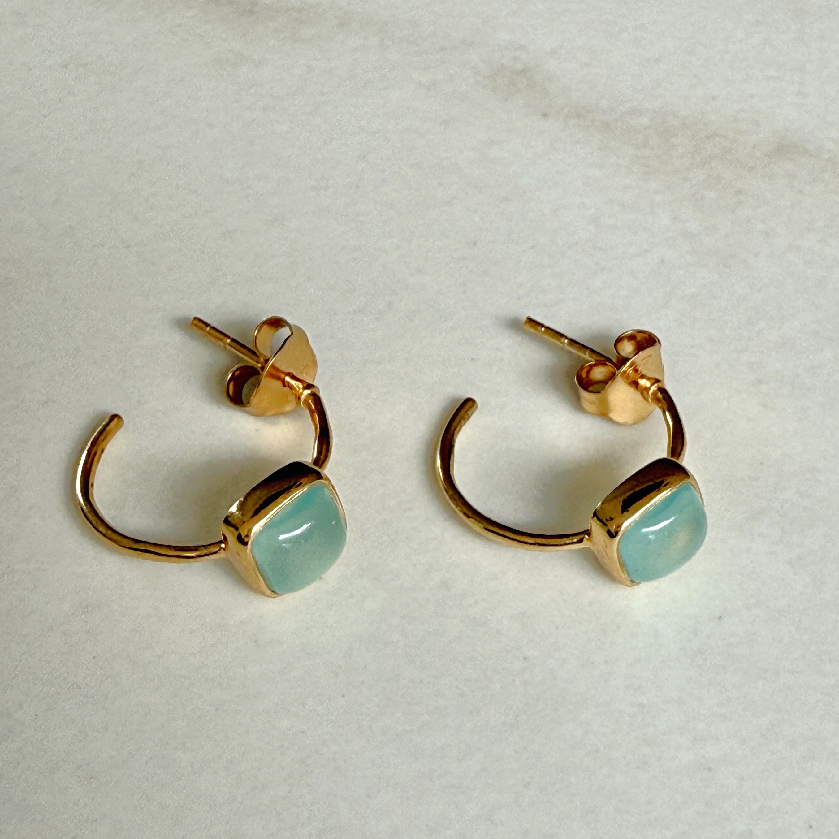 Minimal Gold Plated Sterling Silver Small Hoops with a Square Cabochon Gemstone - Aqua Chalcedony