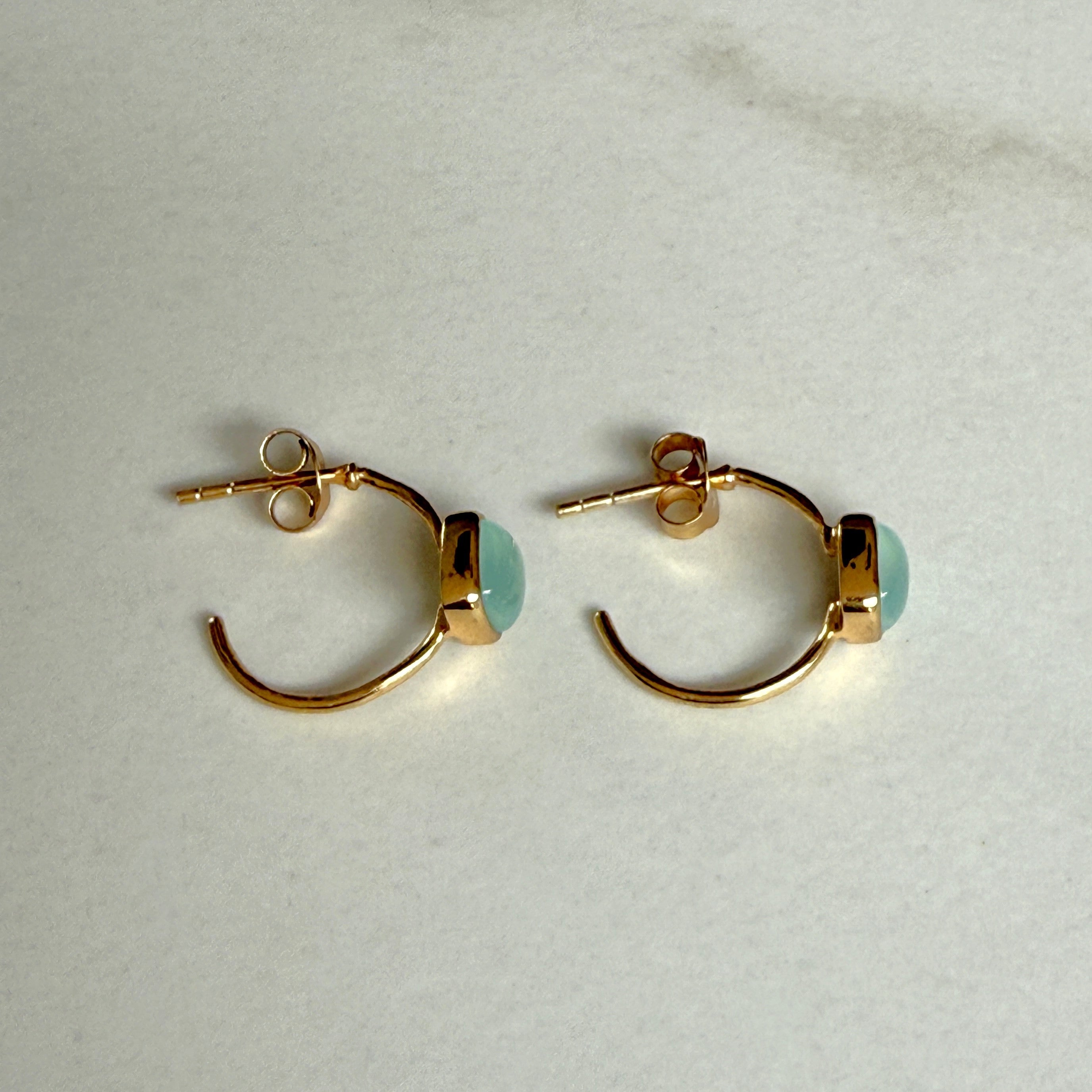 Minimal Gold Plated Sterling Silver Small Hoops with a Square Cabochon Gemstone - Aqua Chalcedony