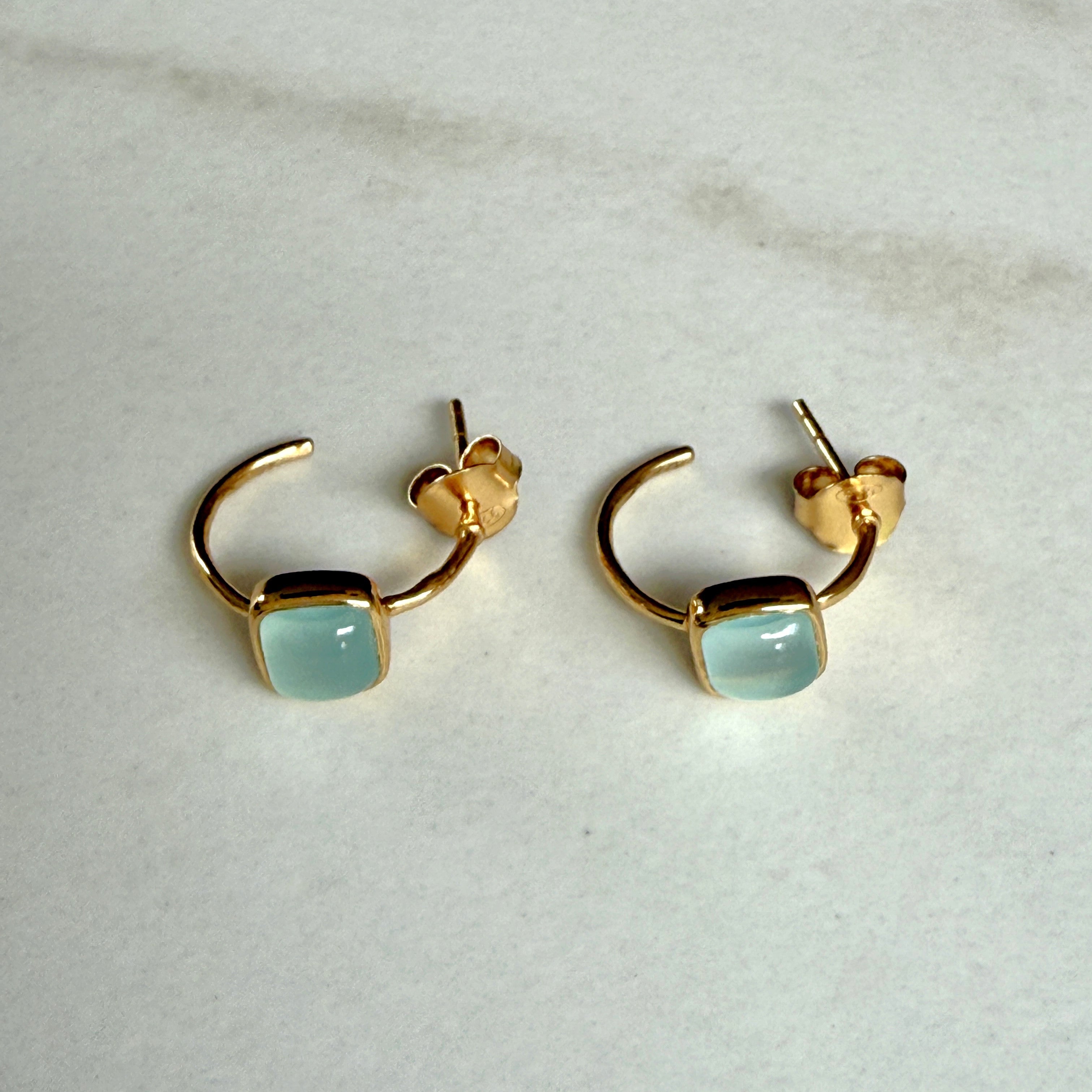 Minimal Gold Plated Sterling Silver Small Hoops with a Square Cabochon Gemstone - Aqua Chalcedony