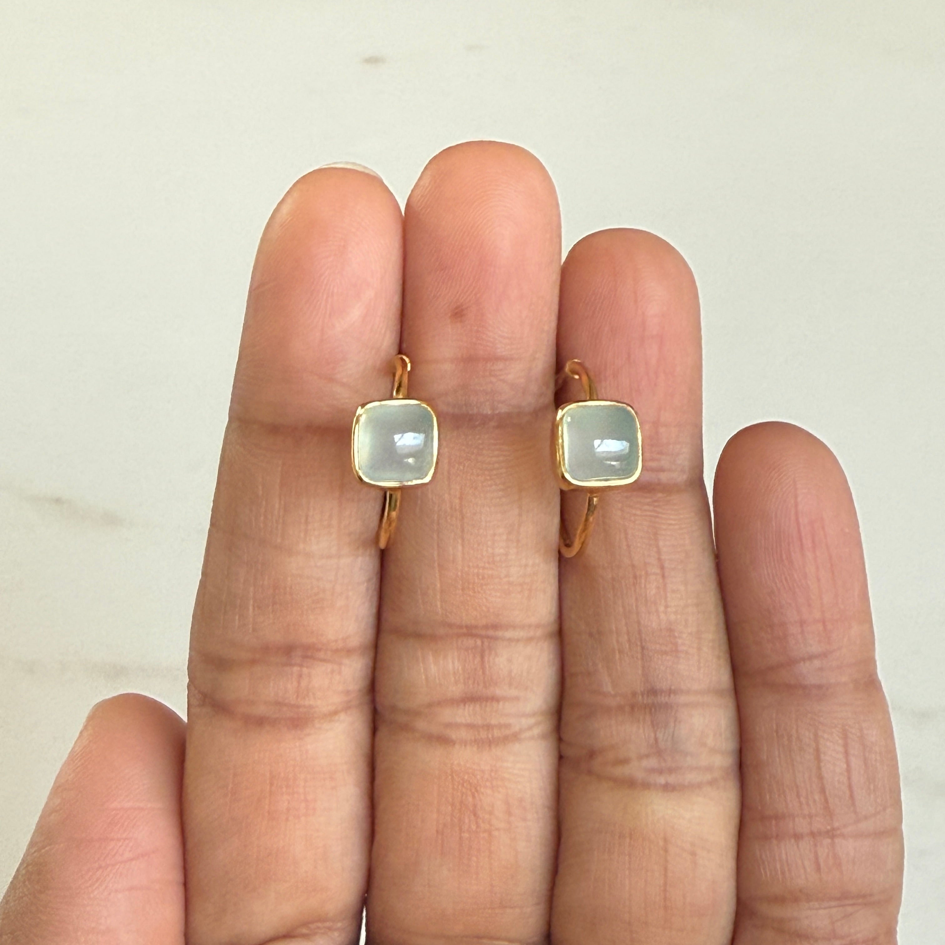 Minimal Gold Plated Sterling Silver Small Hoops with a Square Cabochon Gemstone - Aqua Chalcedony