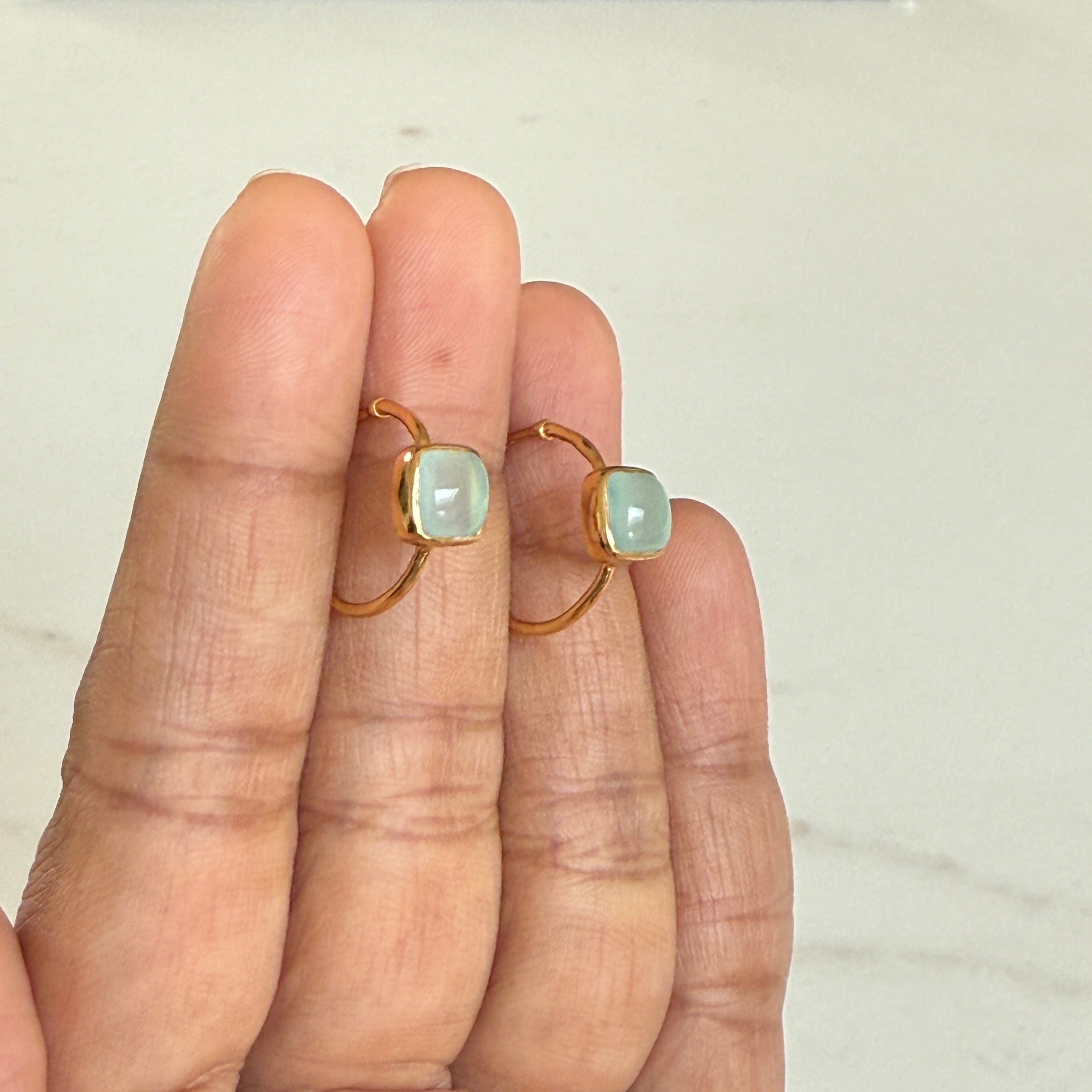 Minimal Gold Plated Sterling Silver Small Hoops with a Square Cabochon Gemstone - Aqua Chalcedony