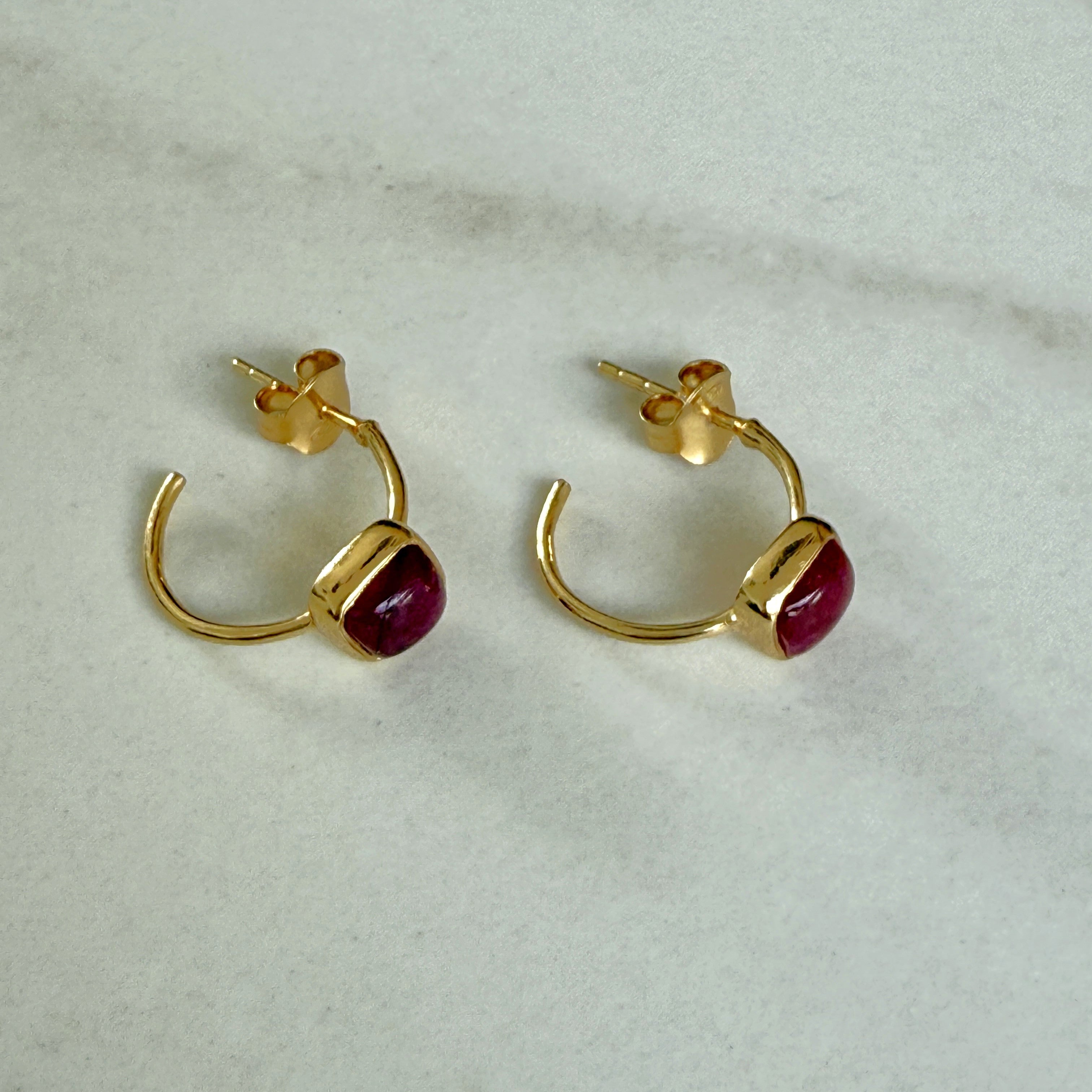 Minimal Gold Plated Sterling Silver Small Hoops with a Square Cabochon Gemstone - Ruby Quartz