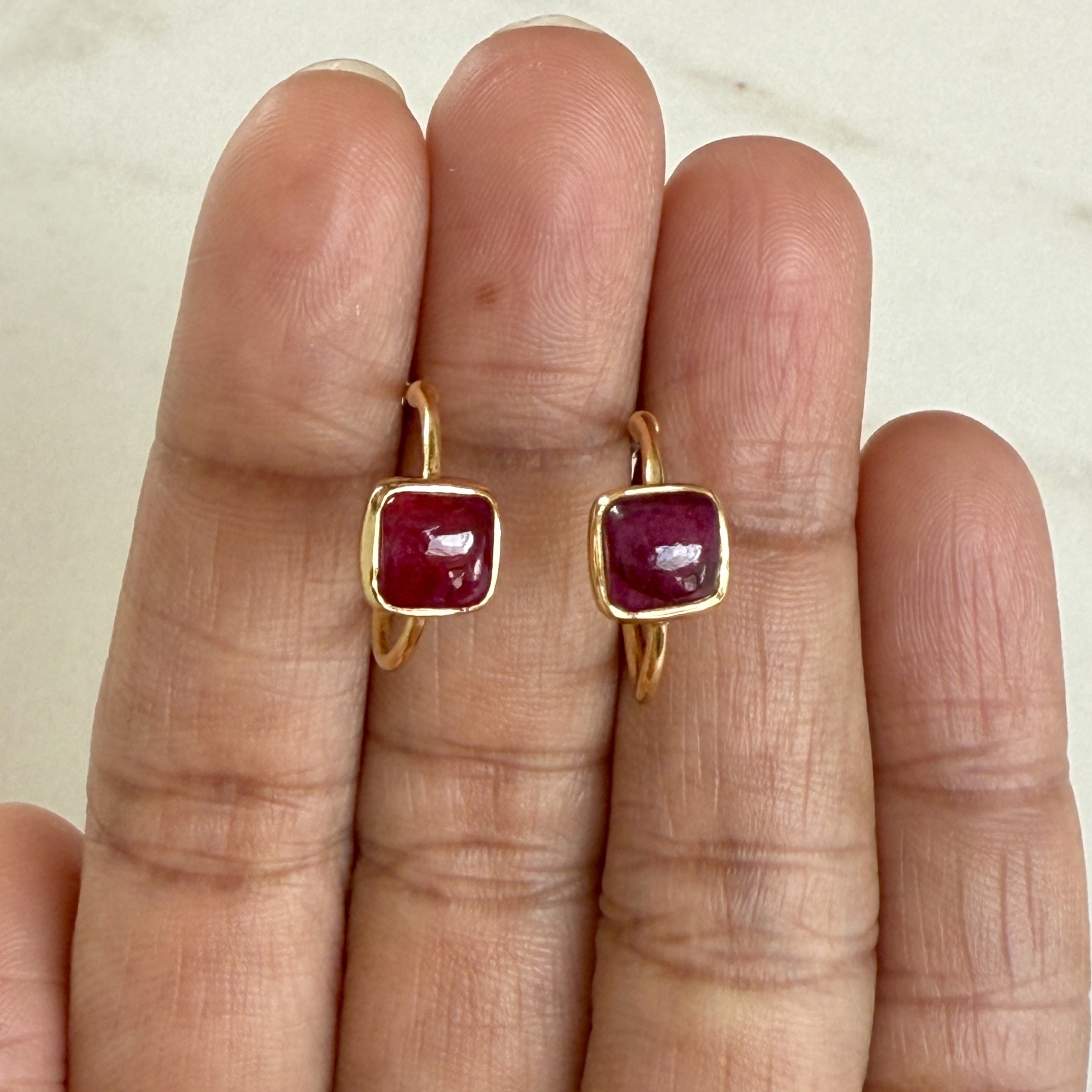 Minimal Gold Plated Sterling Silver Small Hoops with a Square Cabochon Gemstone - Ruby Quartz