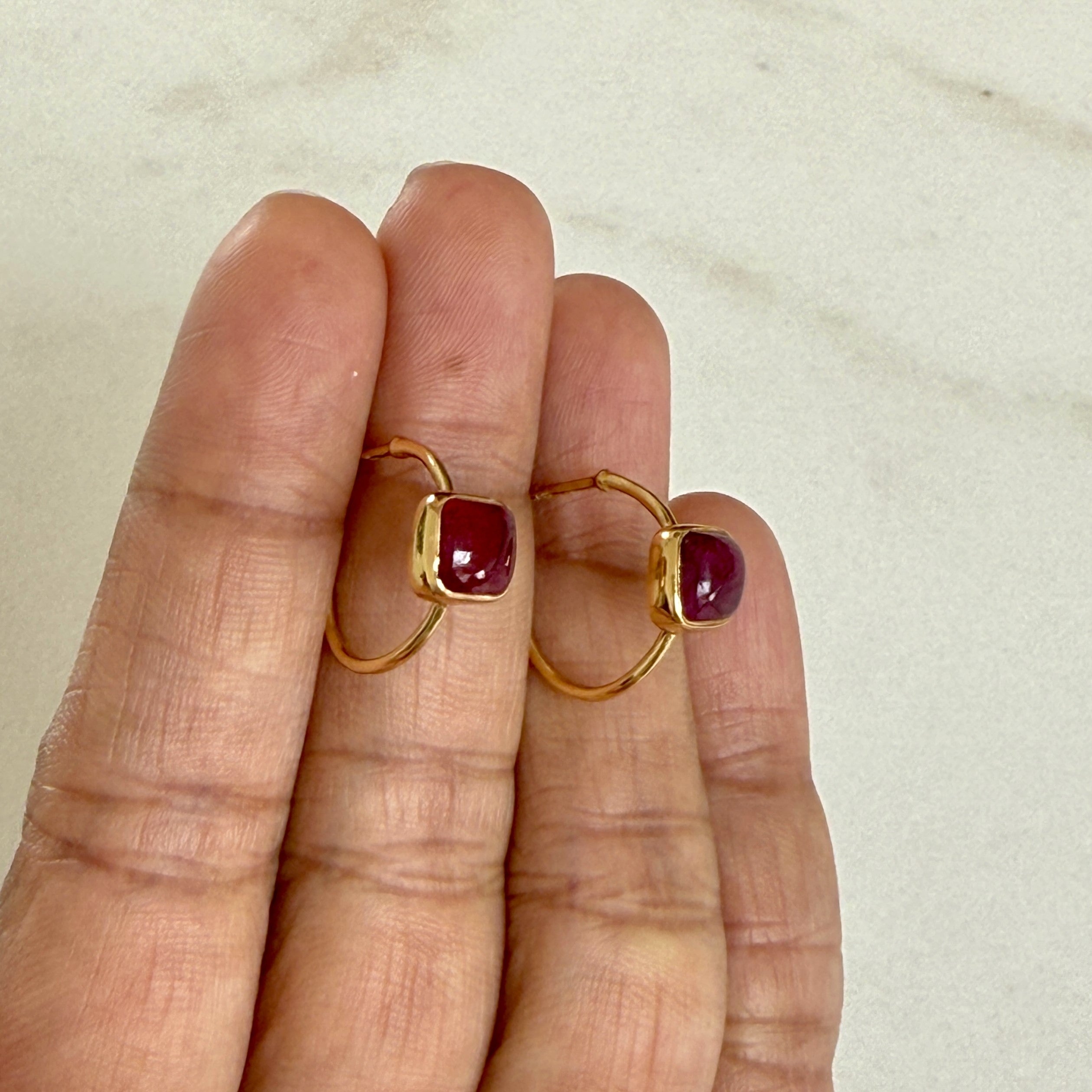 Minimal Gold Plated Sterling Silver Small Hoops with a Square Cabochon Gemstone - Ruby Quartz