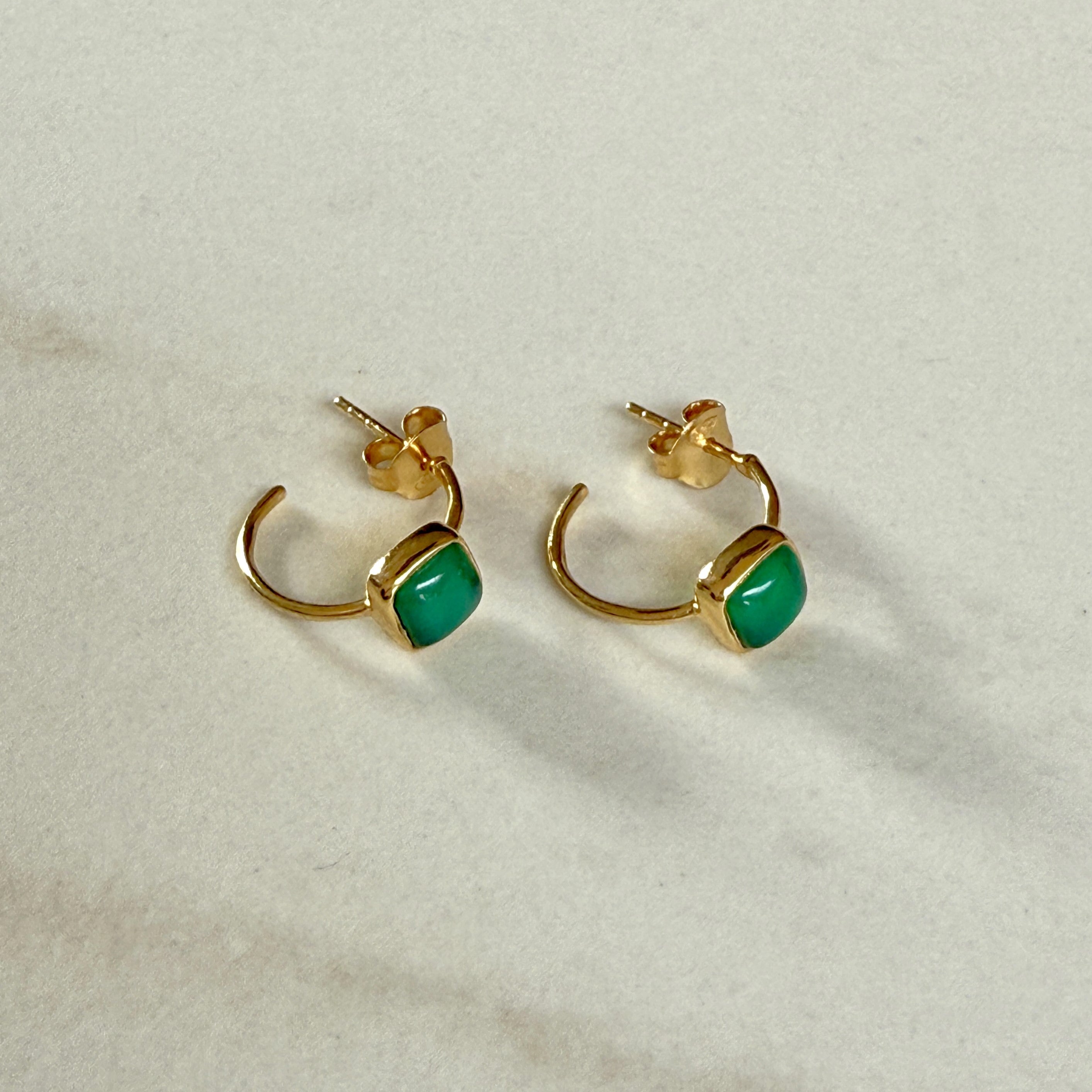 Minimal Gold Plated Sterling Silver Small Hoops with a Square Cabochon Gemstone - Green Onyx