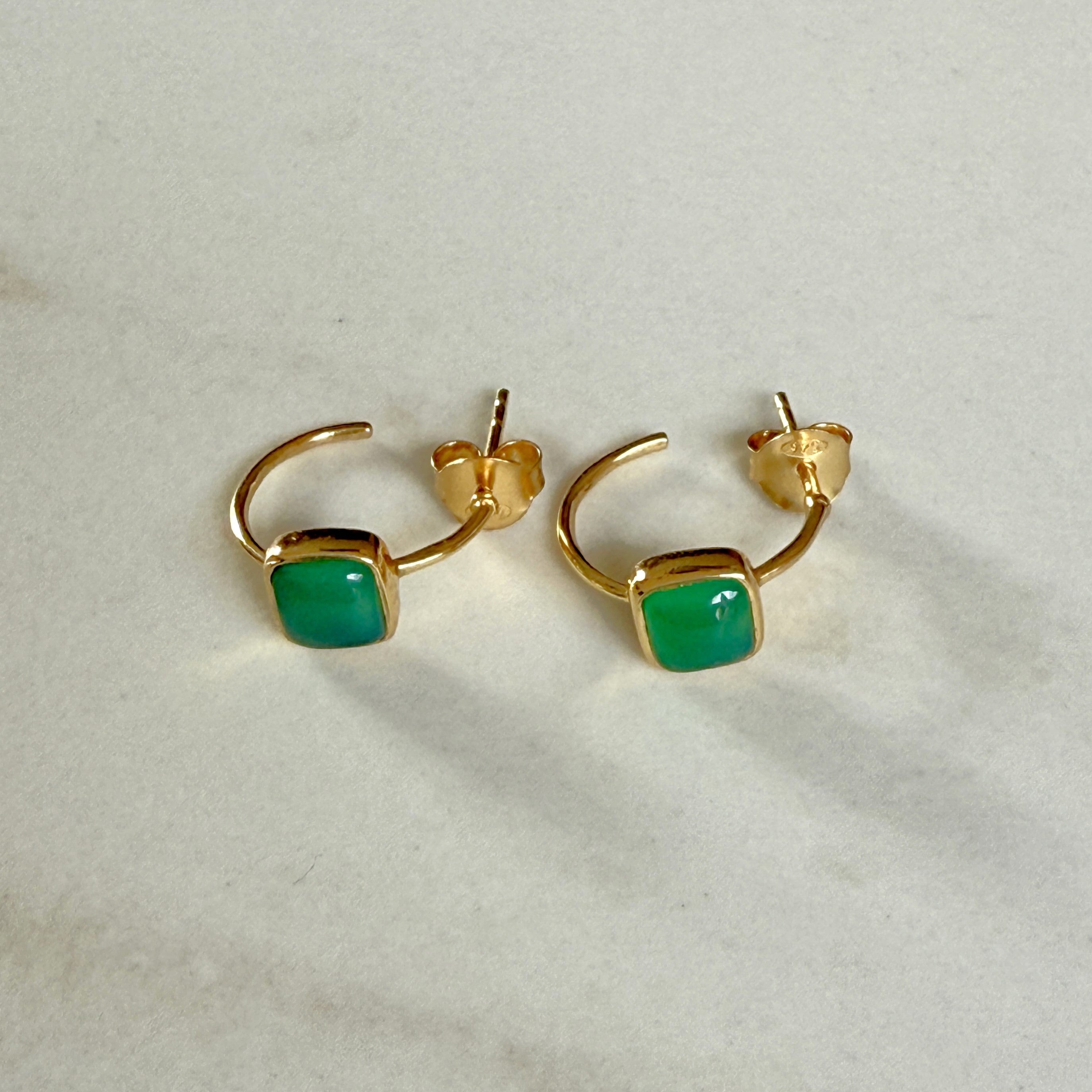Minimal Gold Plated Sterling Silver Small Hoops with a Square Cabochon Gemstone - Green Onyx