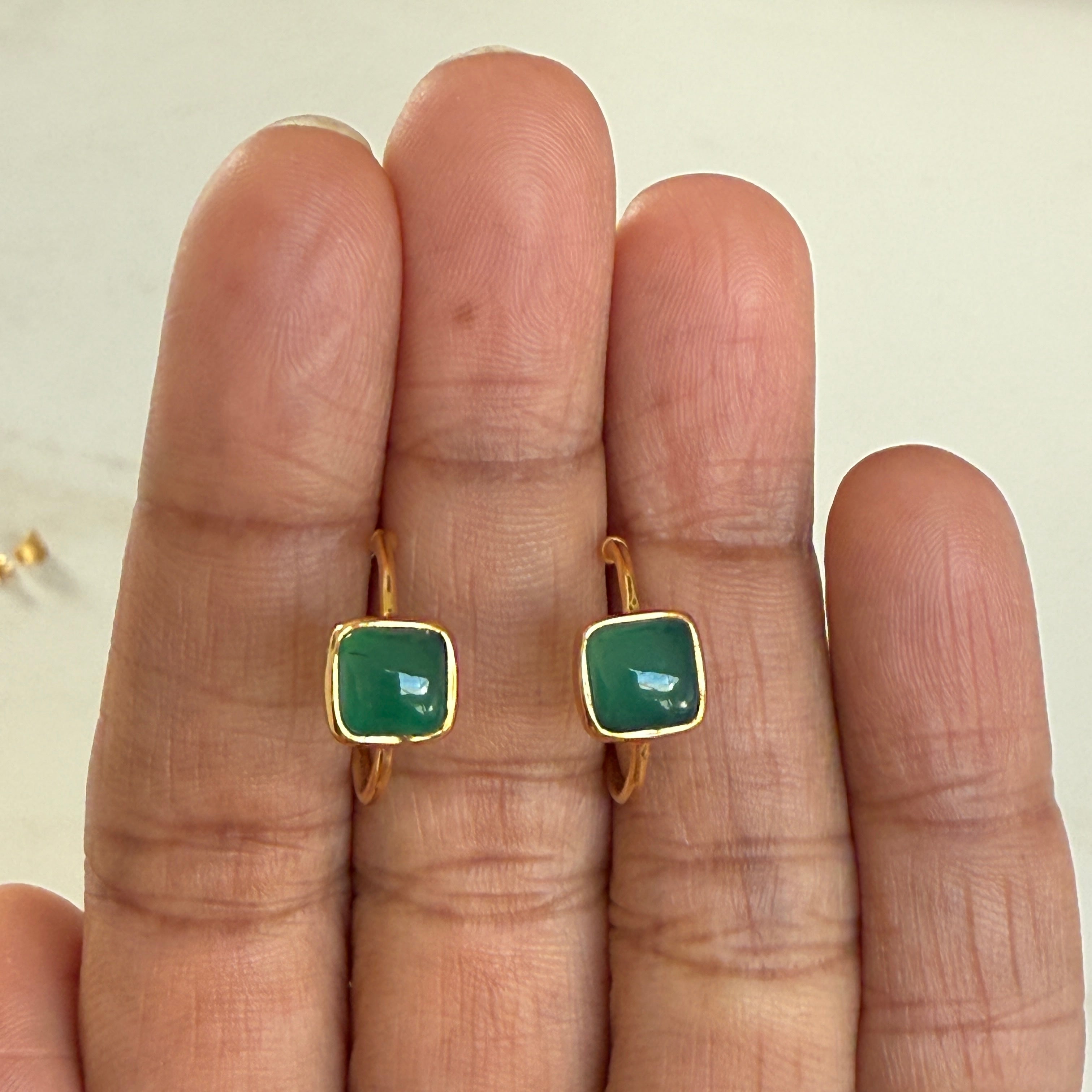 Minimal Gold Plated Sterling Silver Small Hoops with a Square Cabochon Gemstone - Green Onyx